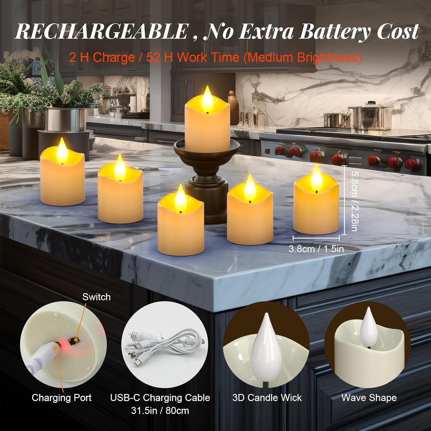 Detailed view of PChero flameless candle features including dimensions, USB-C charging port, 3D wick, and wave-shaped top.
