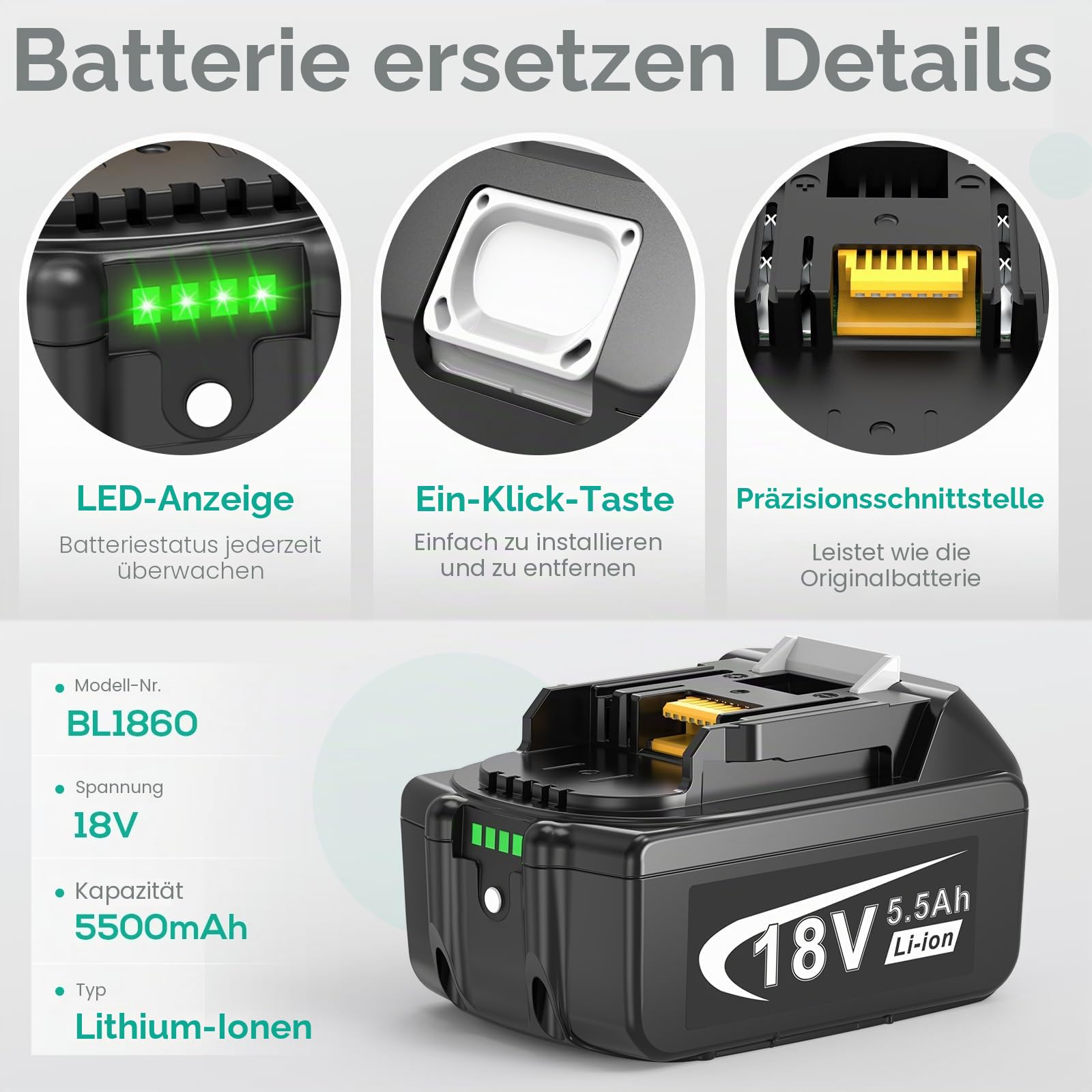 4 Stück 5.5Ah Akku und 2 Ports Ladegerät für Makita LXT, ASUNCELL 18V DC18RC Schnellladegerät Set Kompatibel mit Allen Makita 14.4V-18V Akkus BL1815 BL1830 BL1850 BL1430