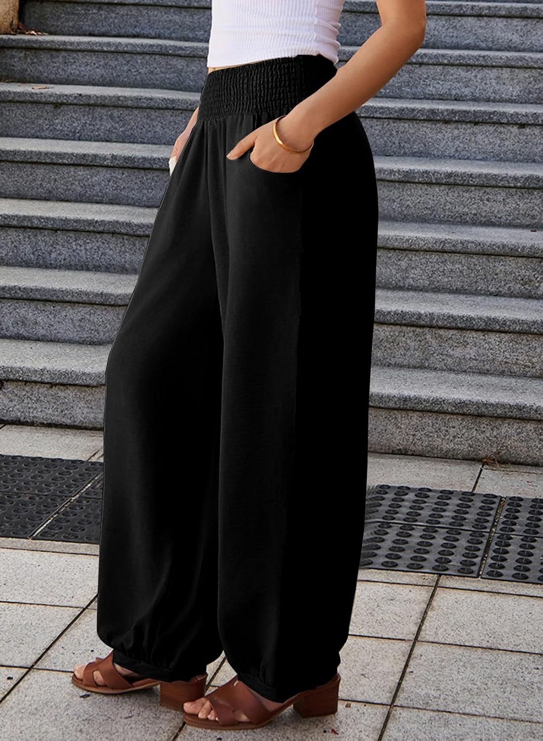 EVALESS Women's Wide Leg Baggy Pants Elastic High Waisted Casual Harem Pants Trousers with Pockets - Image 3