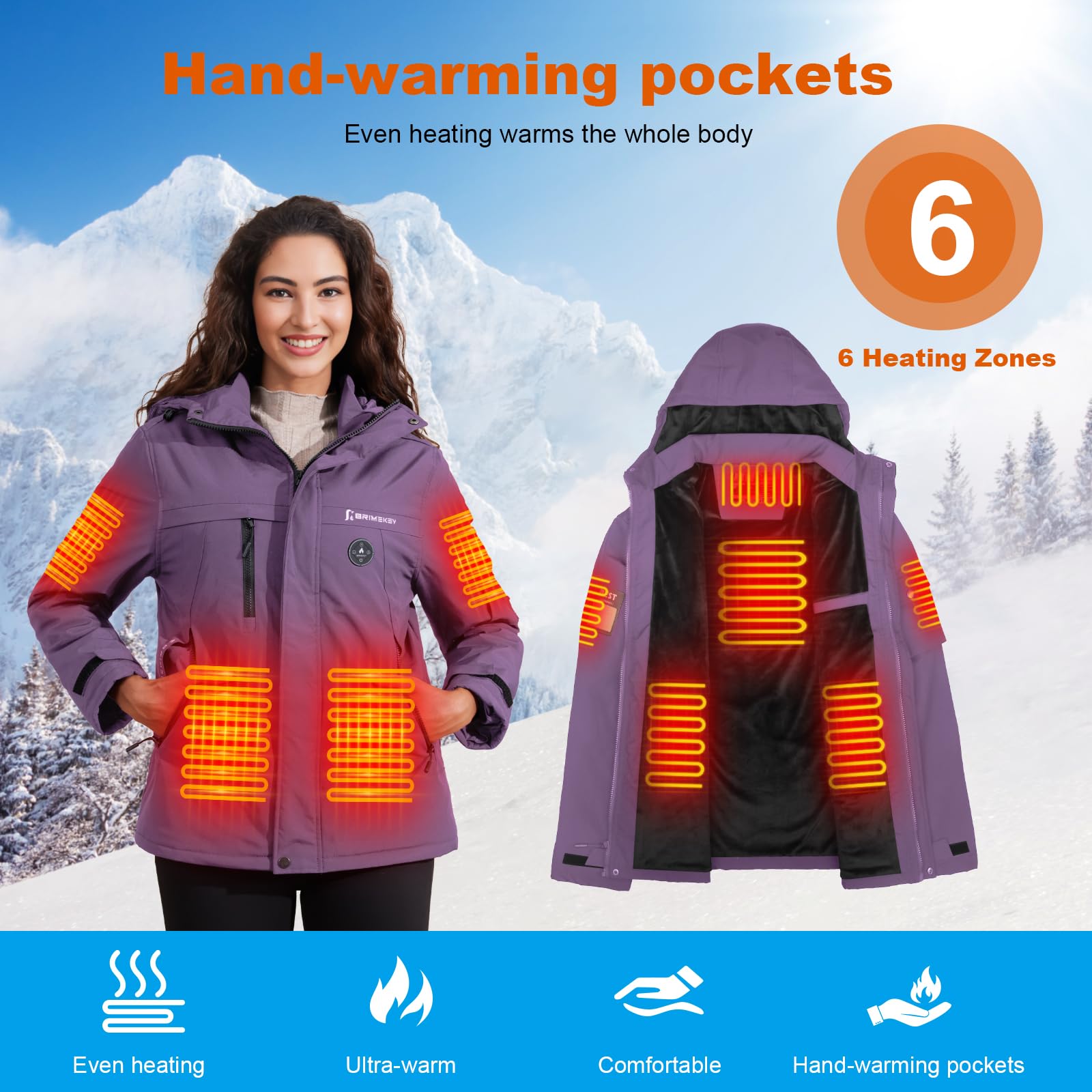 Beheizbare Fleece Jacke Damen mit 20000mAh Akku, Wasserdichte & Winddichte Beheizte Skijacke Kapuze mit 6 Heizzonen & 3 Stufen, Heizjacke für Skifahren, Snowboarden, Wandern, Wintercamping