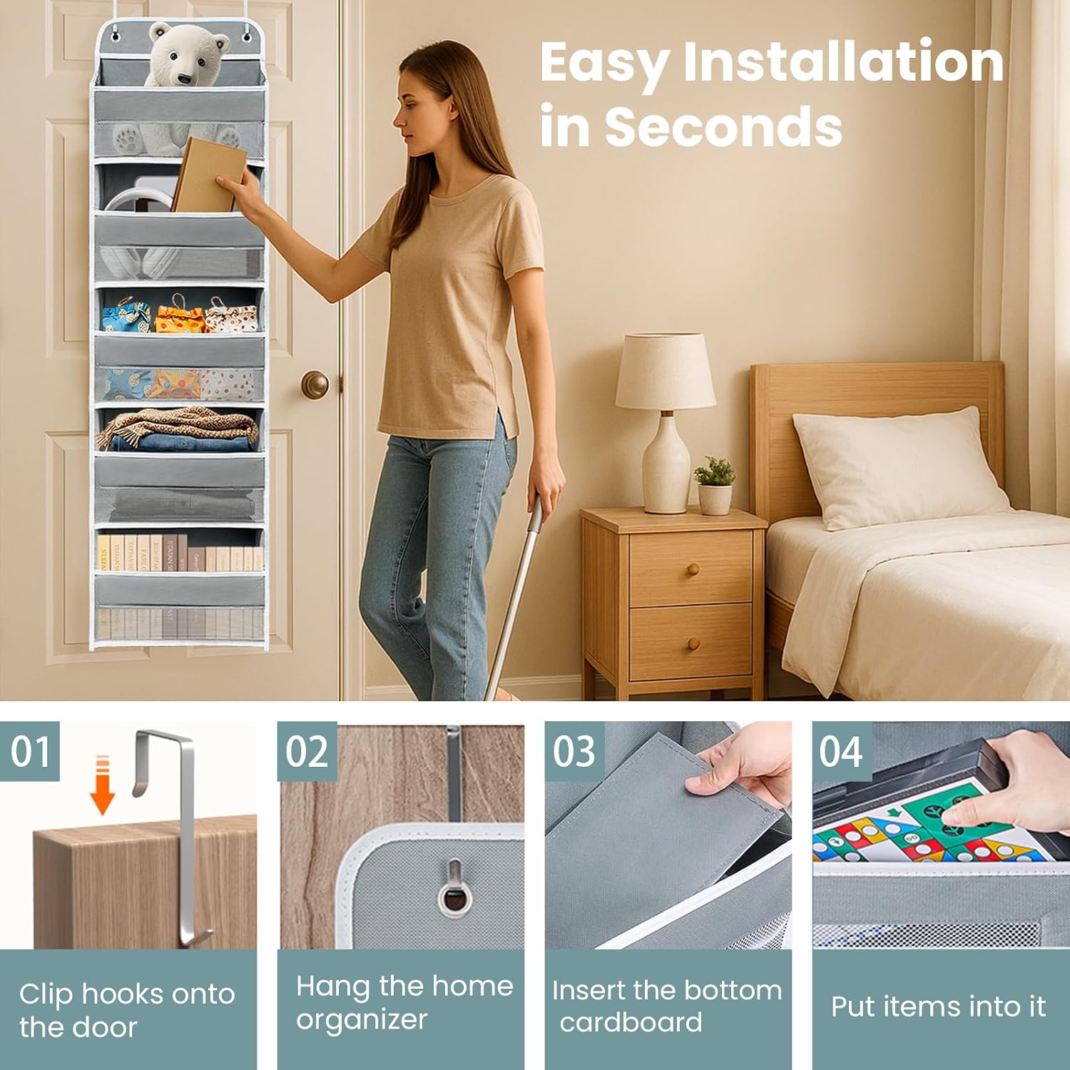 Sturdiness Over The Door Organizer, 5 Shelves & 8 Side Pockets,Anti Tilt Hanging Behind Door Storage, Heavy-Duty Reinforced Mesh Rack Holds 44lb for Bathroom,Pantry, Nursery,Closet, Shoes, Towels