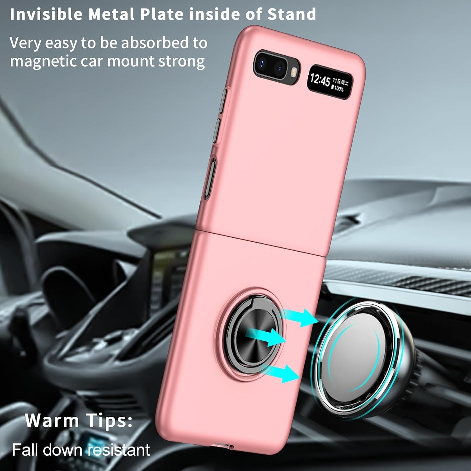 Case for Samsung Galaxy Z Flip 2 5G Case with Built-in 360°Rotate Ring Stand Full Body Cover, Shockproof Kickstand Phone Protection Case Slim Case for Samsung Galaxy Z Flip 2 (Pink)