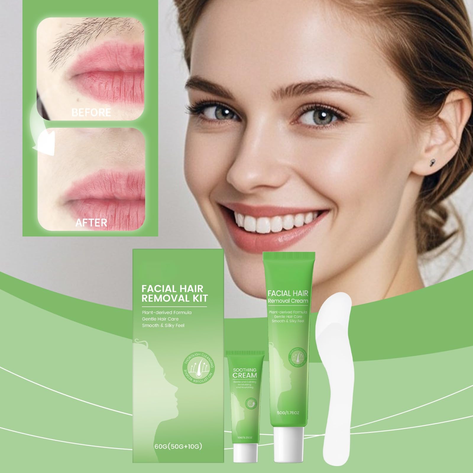 Schmerzfreies Gesichtshaarentfernungs-Set Für Empfindliche Haut, Damen Enthaarungscreme Mit Passender Beruhigungscreme, Hausgebrauch Für Oberlippe Und Kinn (6 PCS)