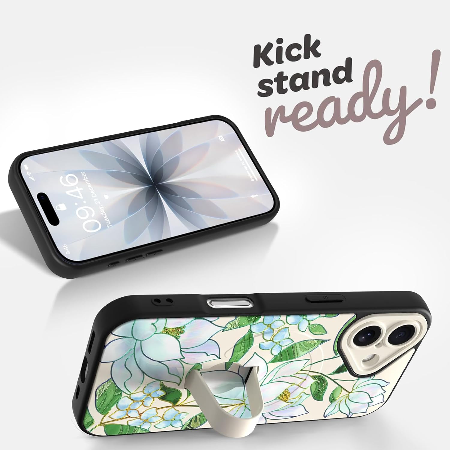 Magnetic for iPhone 17 Case with Finger Strap Stand, Compatible with Magsafe, Cute Lotus Floral Flower Phone Case for Women Men Slim Shockproof Cover for 17, Lotus Flowers