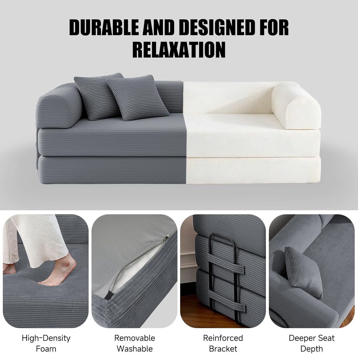 79” Compressed Sofa, Convertible Sofa Bed, Corduroy Compression Boneless Couch in a Box, Comfy Modular Foldable Floor Sleeper Sofa for Bedroom, Living Room (Corduroy Fabric, Dark Gray) | 6-In-1 Loveseat, Removable Cover, Washable