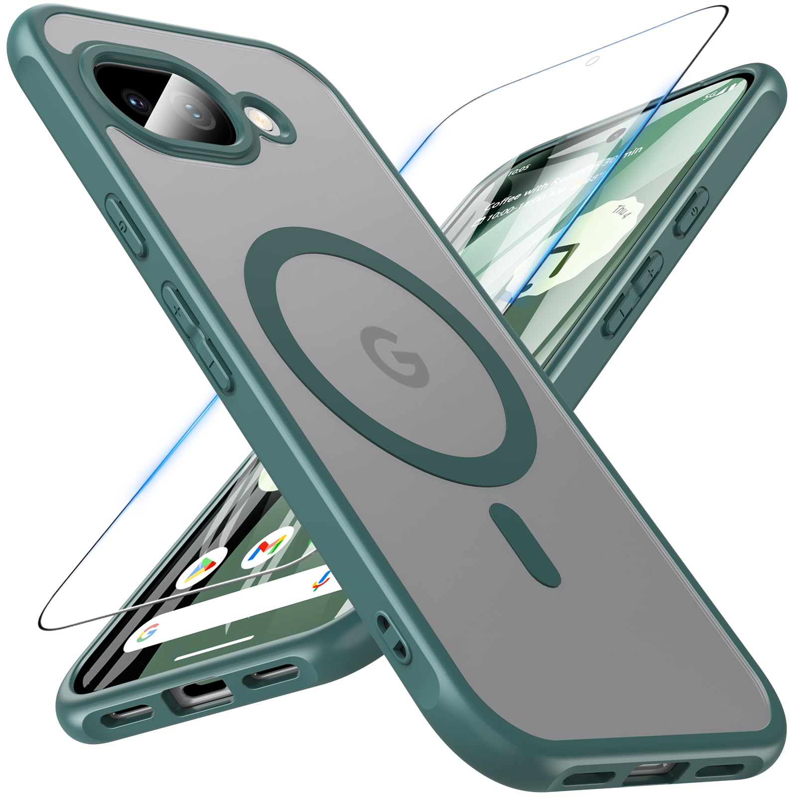 Fin2feel For Google Pixel 10a ケース【MagSafe対応】ガラスフィルム付き マット半透明 黄ばみなし 指紋防止 耐衝撃 滑り止め グーグルピクセル10a ワイヤレス充電 ぐーくるぴくせる10a カバー 6.3インチ(グリーン)