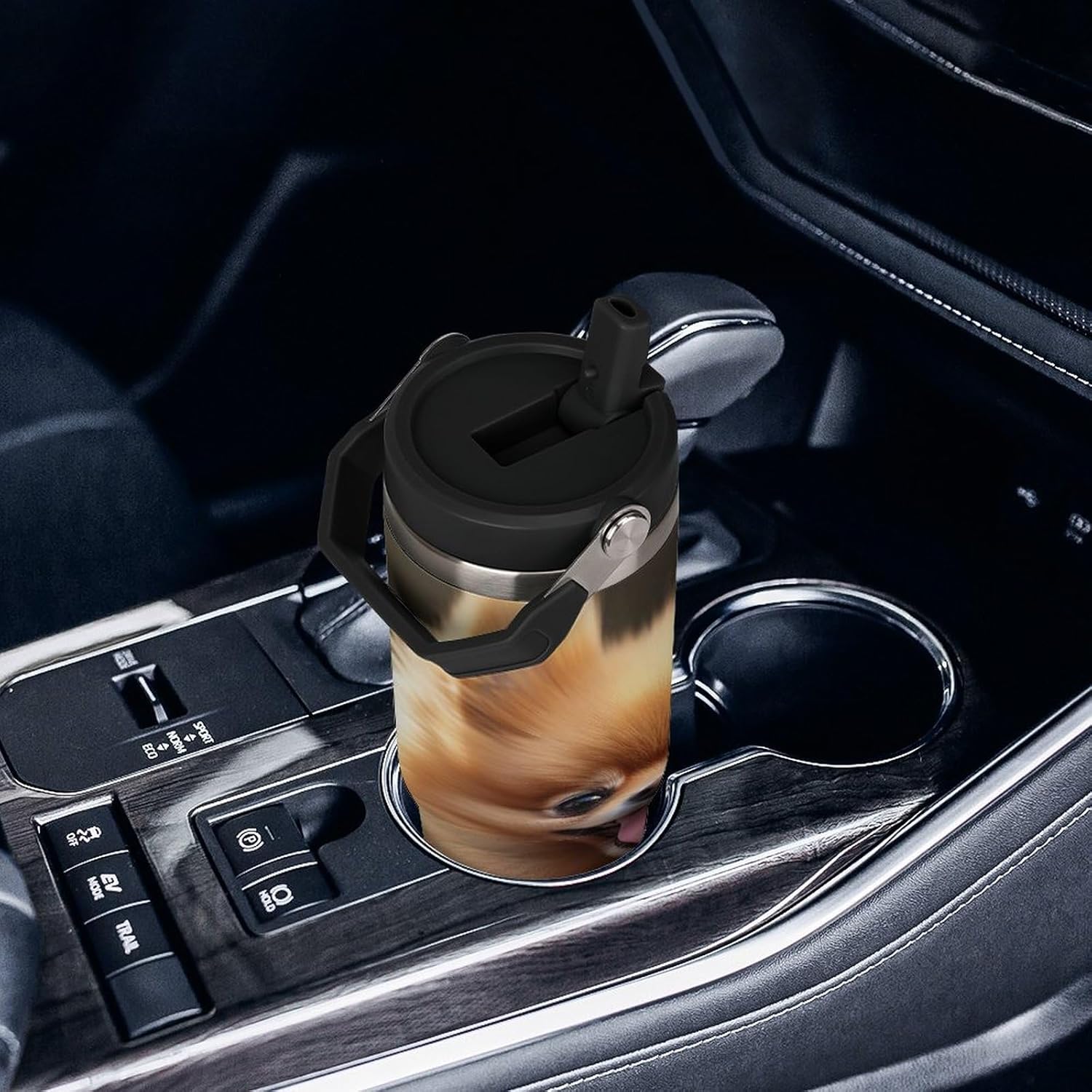 30oz Insulated Tumblers with Top Handle, Stainless Steel Pomeranian Dog Car Cup with Straw for Gift, Leak-Proof Double Wall Vacuum Travel Mug, Personalized Water Bottles Black