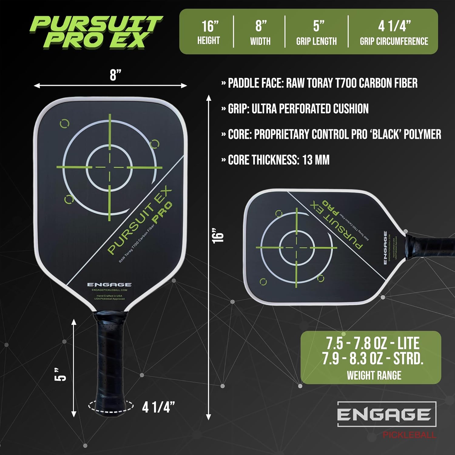 Engage Pursuit Pro EX Pickleball Paddle – Widebody Shape, Raw T700 Toray Carbon Fiber Face, 13mm Control Pro “Black” Core (Alpine Lime, Lite (7.5-7.8oz))
