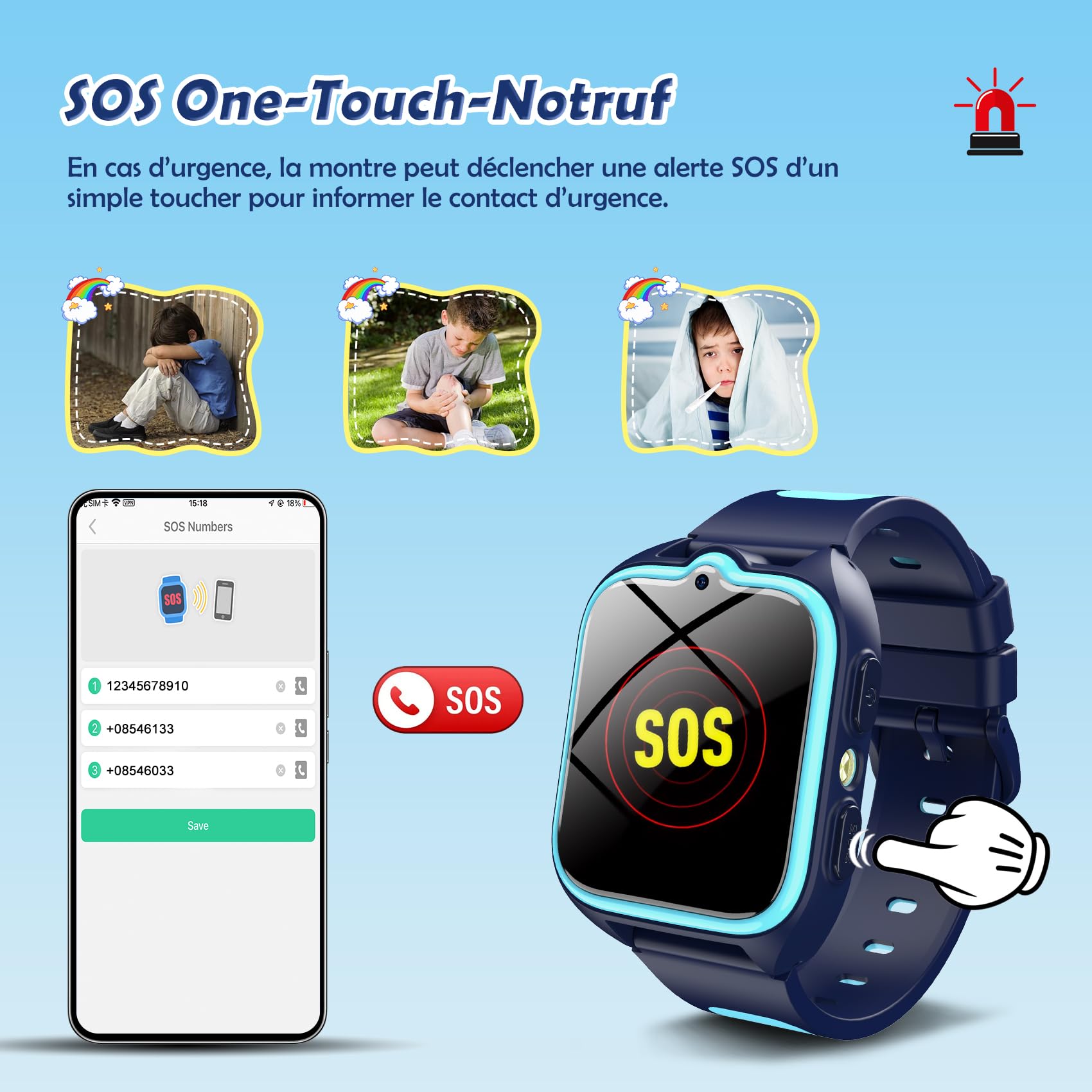 4G Montre Connectée Enfant avec Appel Vidéo et GPS, Compatible Nano SIM, Messages Vocaux, SOS, Mode École, Lampe Torche, Podomètre, IP67, 2 Modes de Port, Android iOS, pour Garçon 4-12 Ans