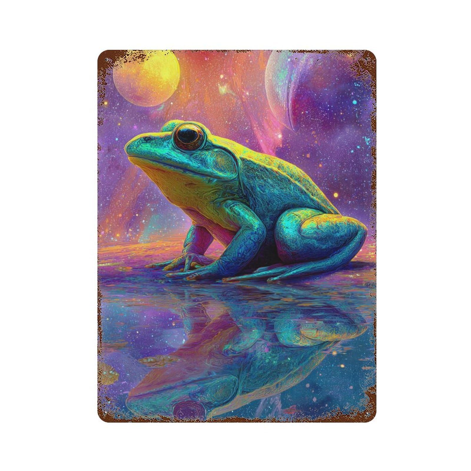 Cosmic Frog Reflection Rust Effect Tin Sign 15.7"x11.8", Rustic Home Decor for Garage, Bar And Workshop Decor