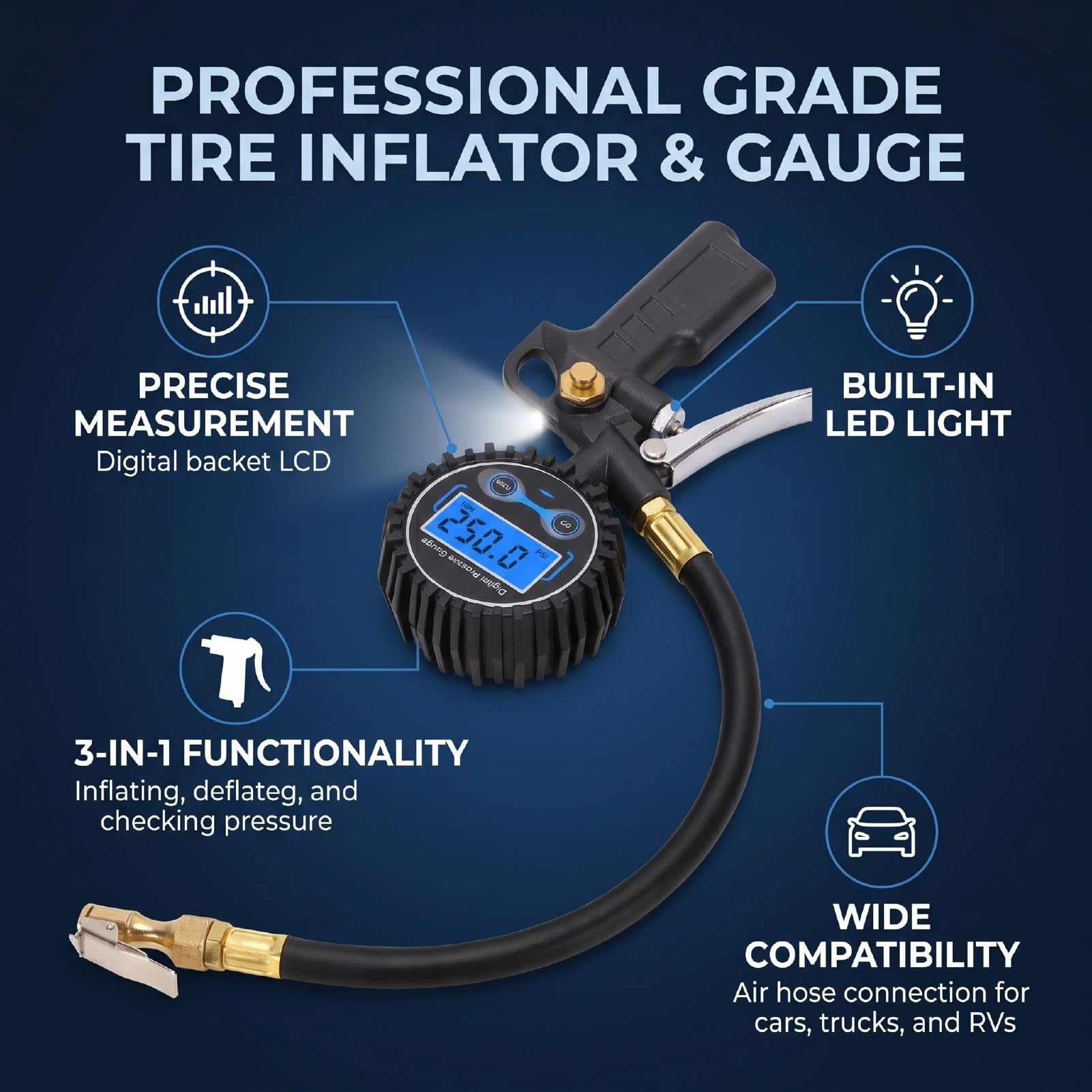 Tbest Cyfrowy Miernik Ciśnienia w Oponach Inflator do Opon 250 PSI