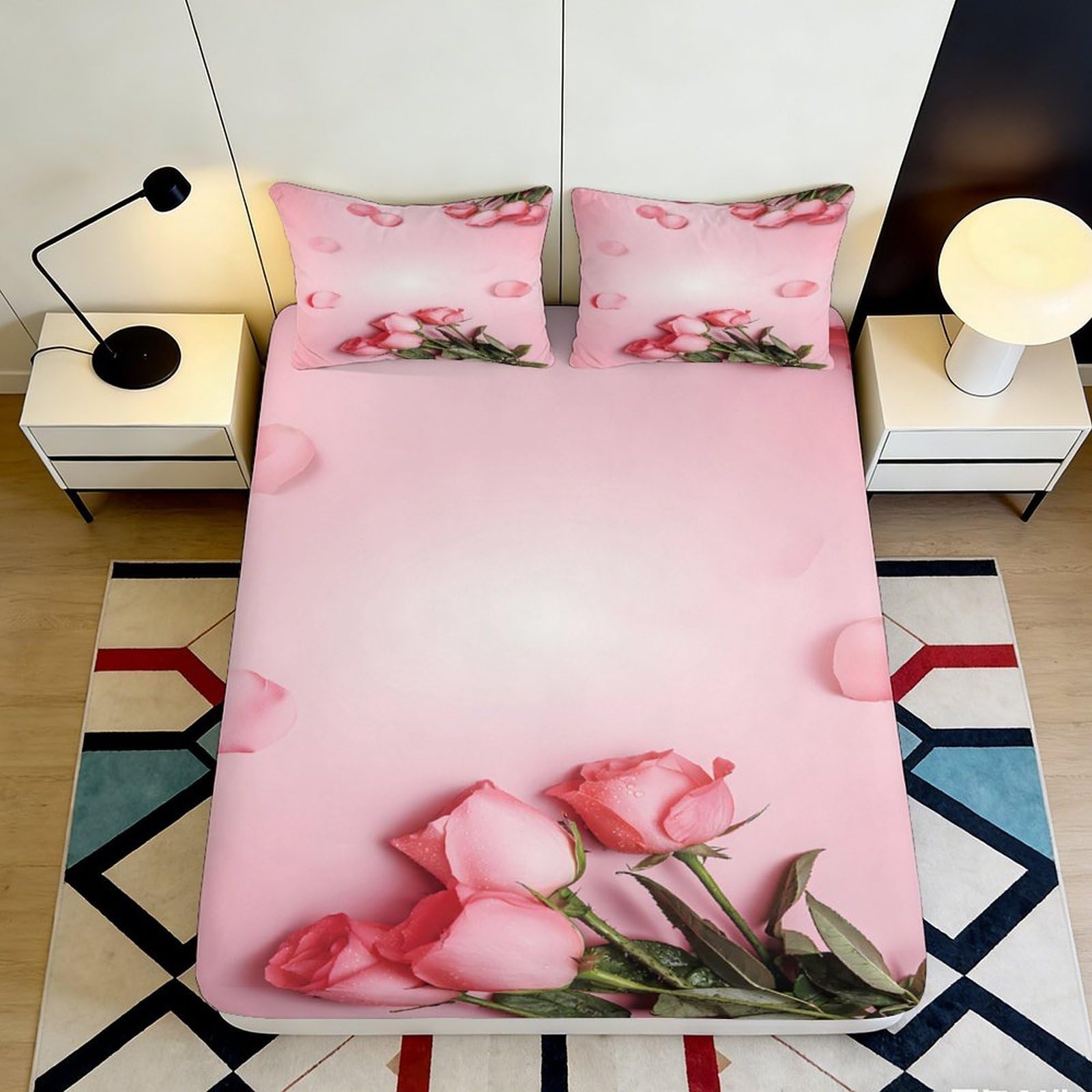 3D Printed Pink Rose Petals Fitted Sheet Microfiber Soft Bedroom Decor Romantic Flower Mattress Cover Washable 90x200x25cm