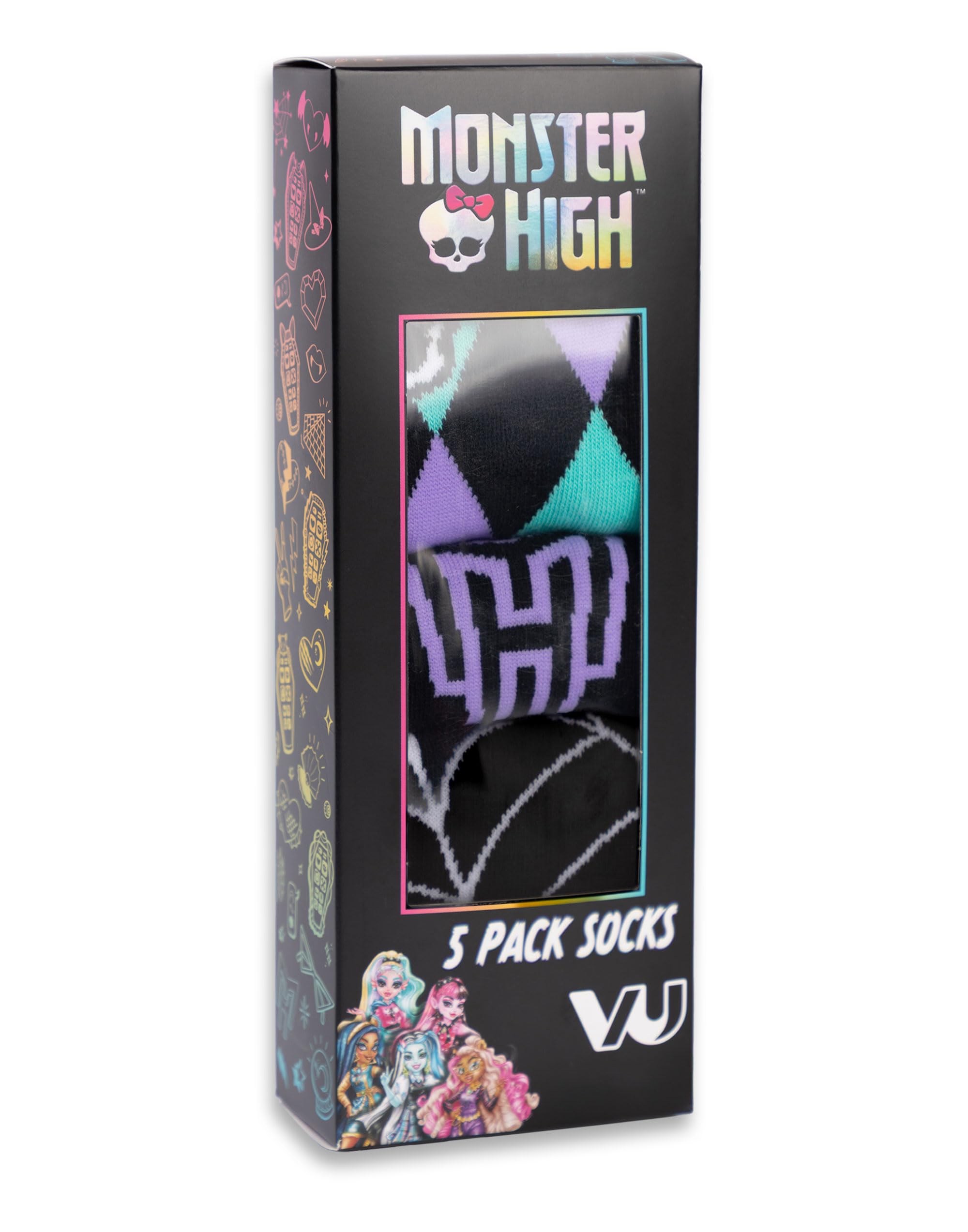 Monster High Chaussettes multicolores à rayures et têtes de mort pour filles | Lot de 5 paires | Motifs amusants avec logos Chaussettes décontractées pour enfants