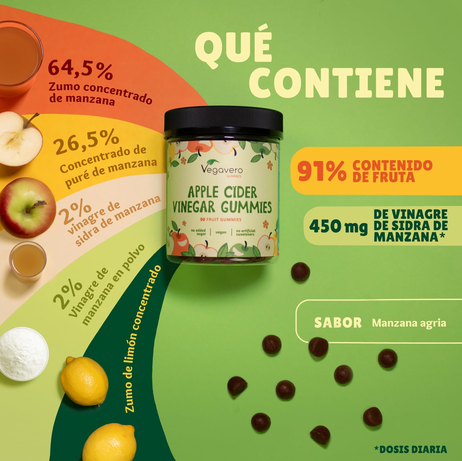 Vegavero Gominolas Vinagre de Sidra de Manzana 450mg Keto ACV Gummies Sin Azúcar Vegano