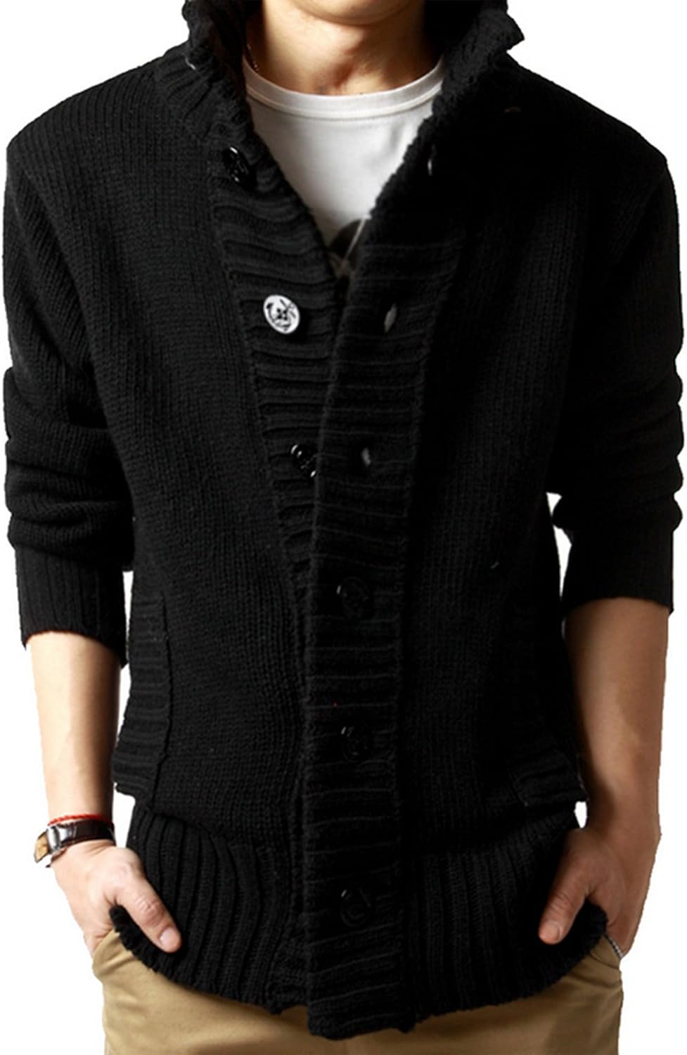 WSLCN Men's Casual Plain Knit Cardigan Sweater High Neck