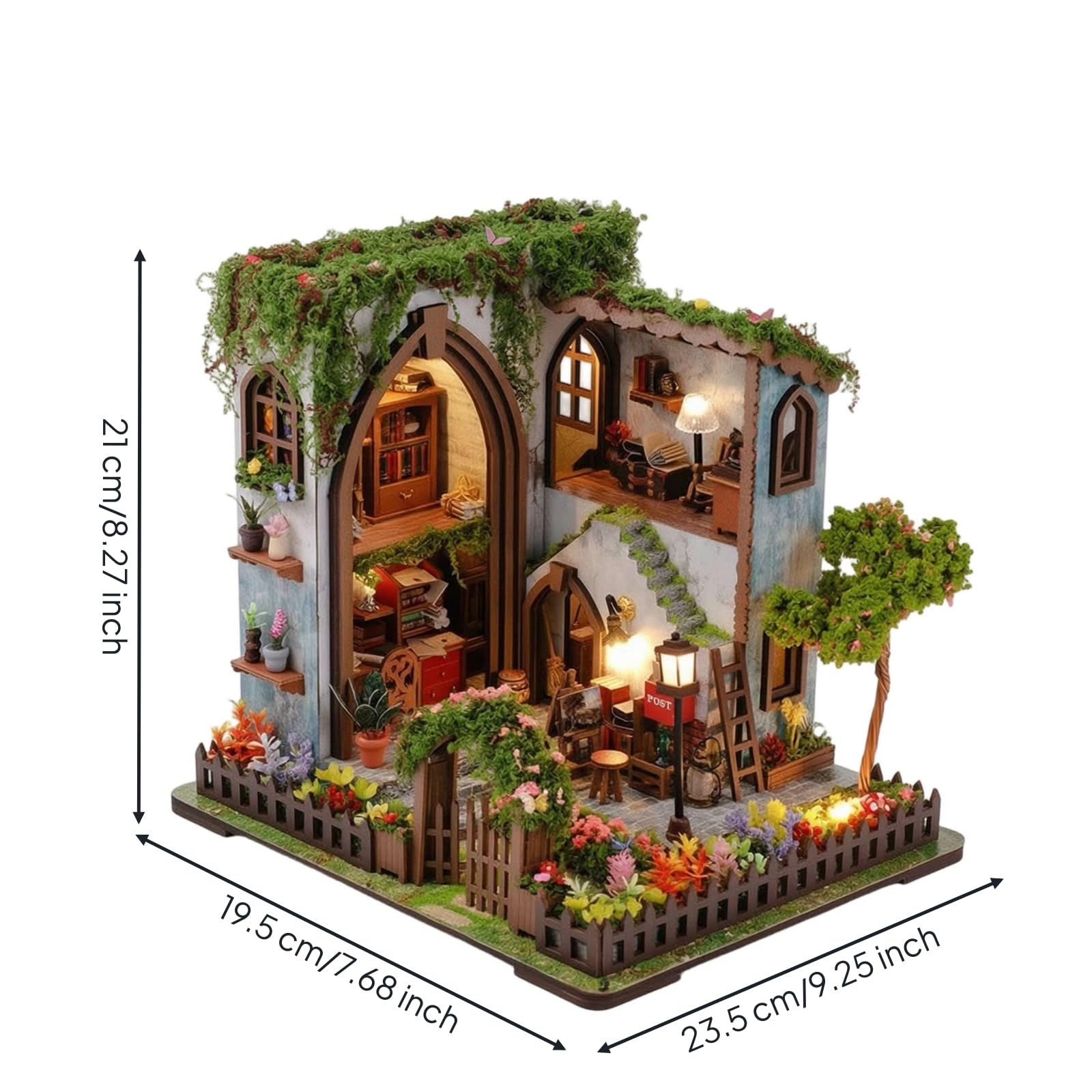 Casa in Miniatura Kit Fai da Te Modello Edificio Diorama Architettonico Scena Artistica con Arredi Miniature Fiori E Vegetazione Base Recintata E