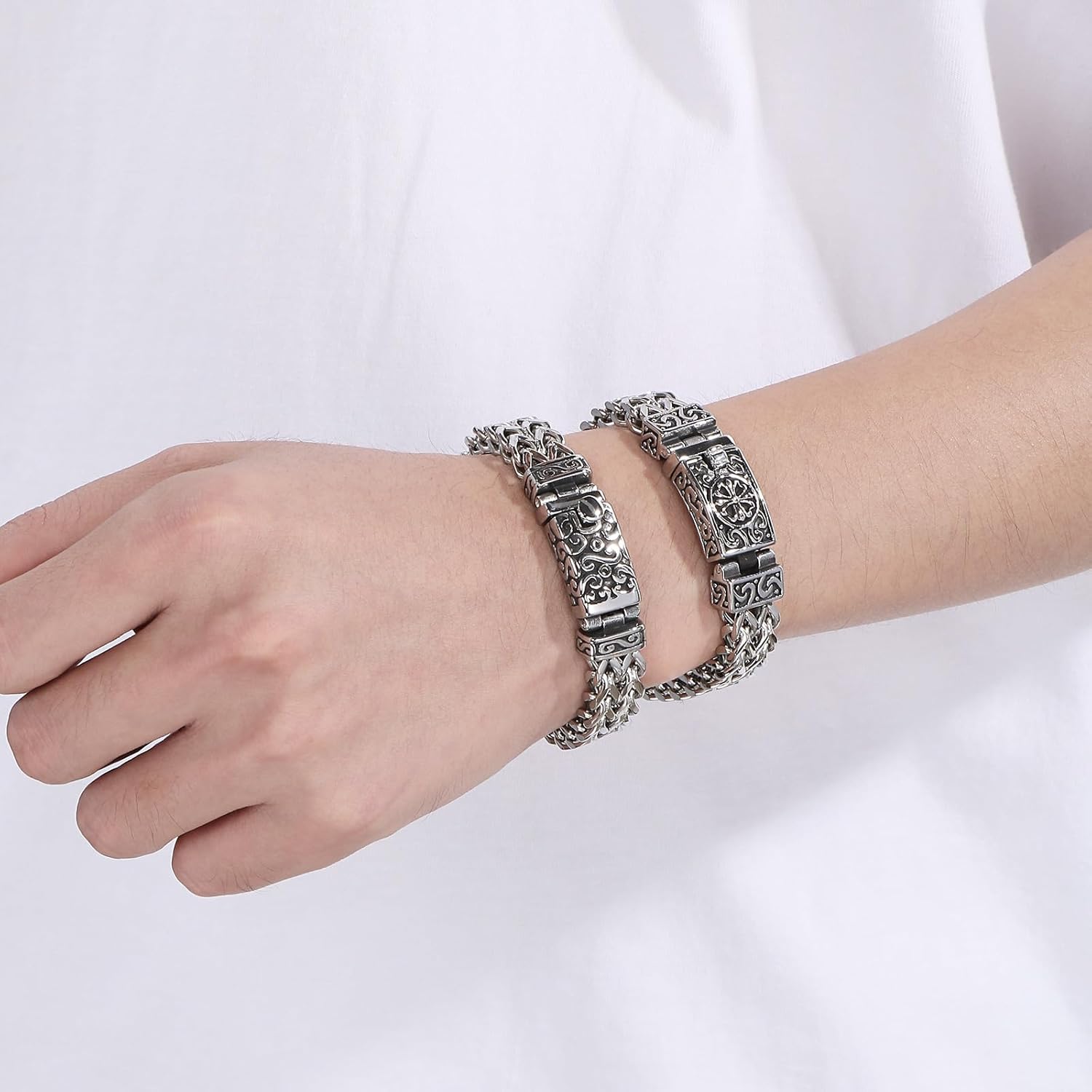 Men's 316 Stainless Steel Gothic Viking Bracelet - Flower & Cross Carved, Large Franco Textured Chain - Image 9