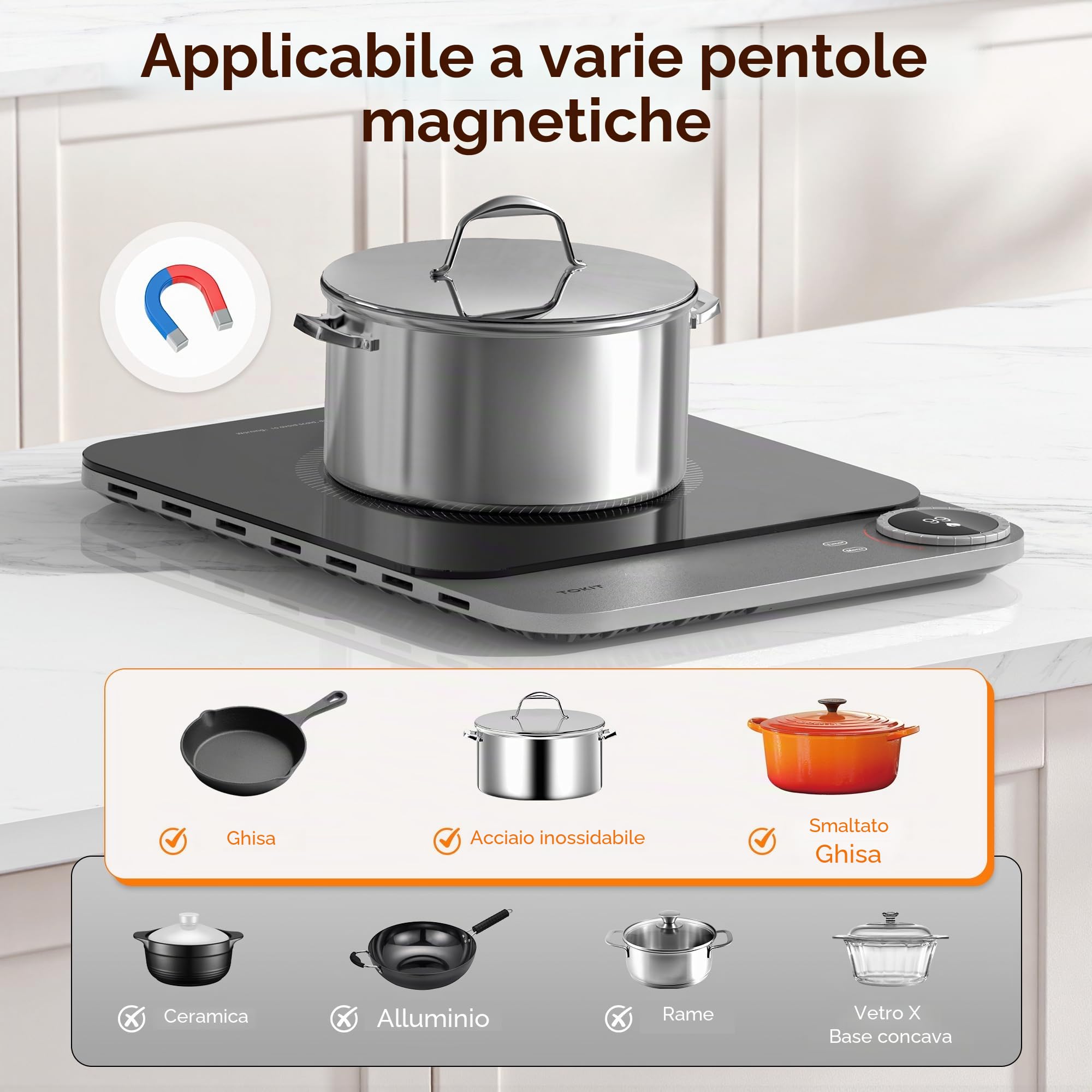 TOKIT Piastra Di Cottura A Induzione, Fuoco A 99 Livelli, Manopola+Controllo A Sfioramento,2100 W, Con Display Oled, Timer, Sensore Di Temperatura Ultra Sottile Da 20 Mm Controllo Tramite App
