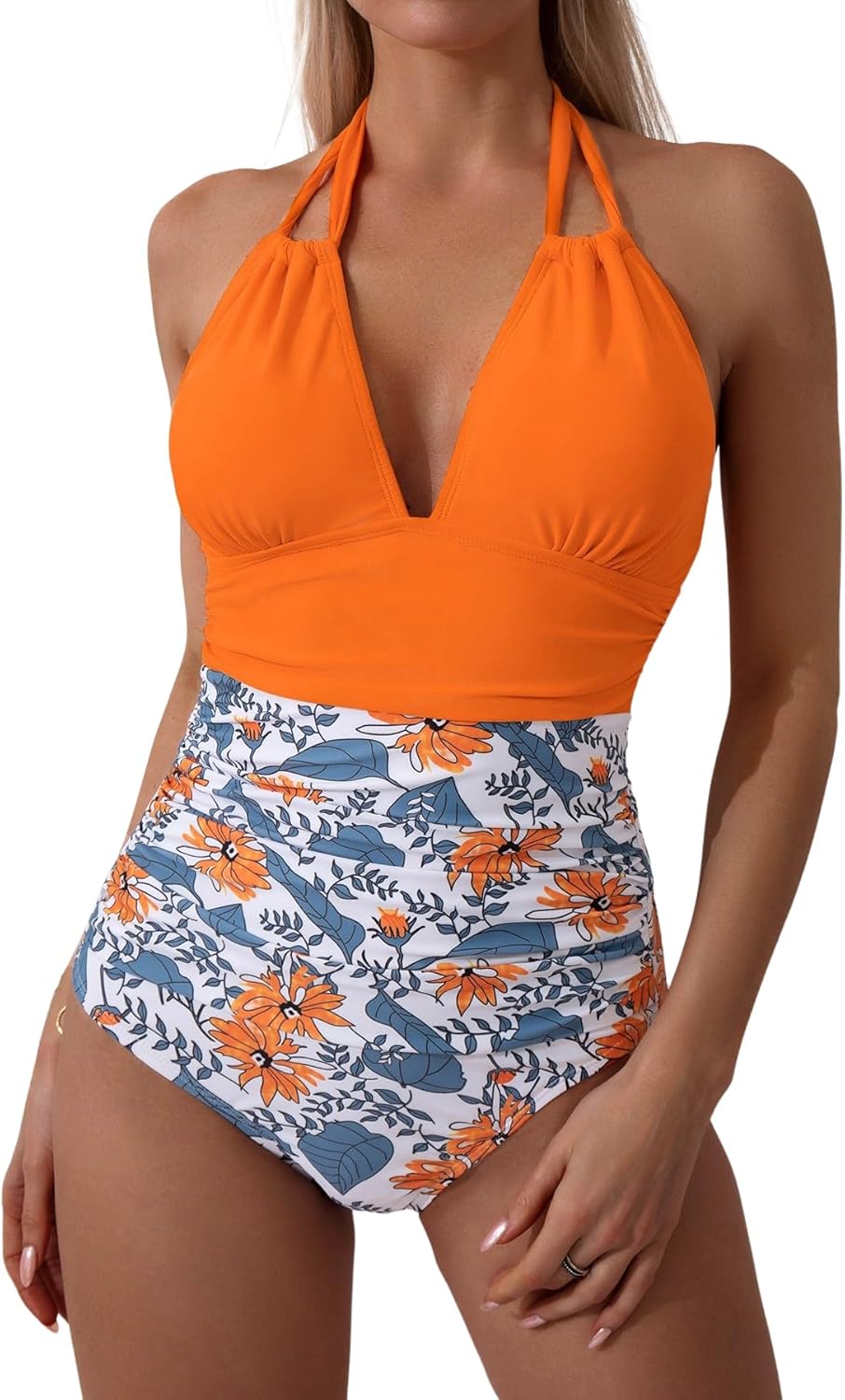 B2prity Women's Slimming One Piece Swimsuits Tummy Control Bathing Suit Halter Swimwear for Big Busted Curvy Woman