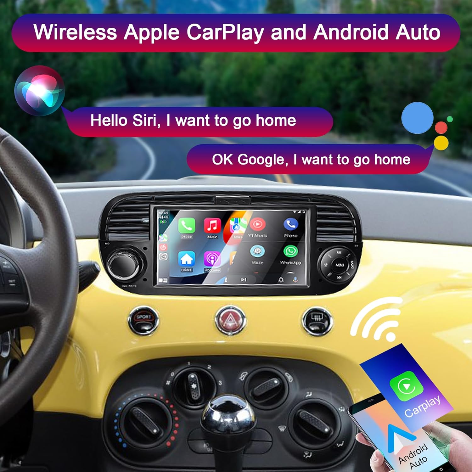 Car Stereo for Fiat 500 2007-2015 Compatible Wireless Carplay & Android Auto, 7 Inch Fiat 500 Radio with Touchscreen/Bluetooth/Fm/Am/USB/DPS/RDS/Mirror Link/High Power