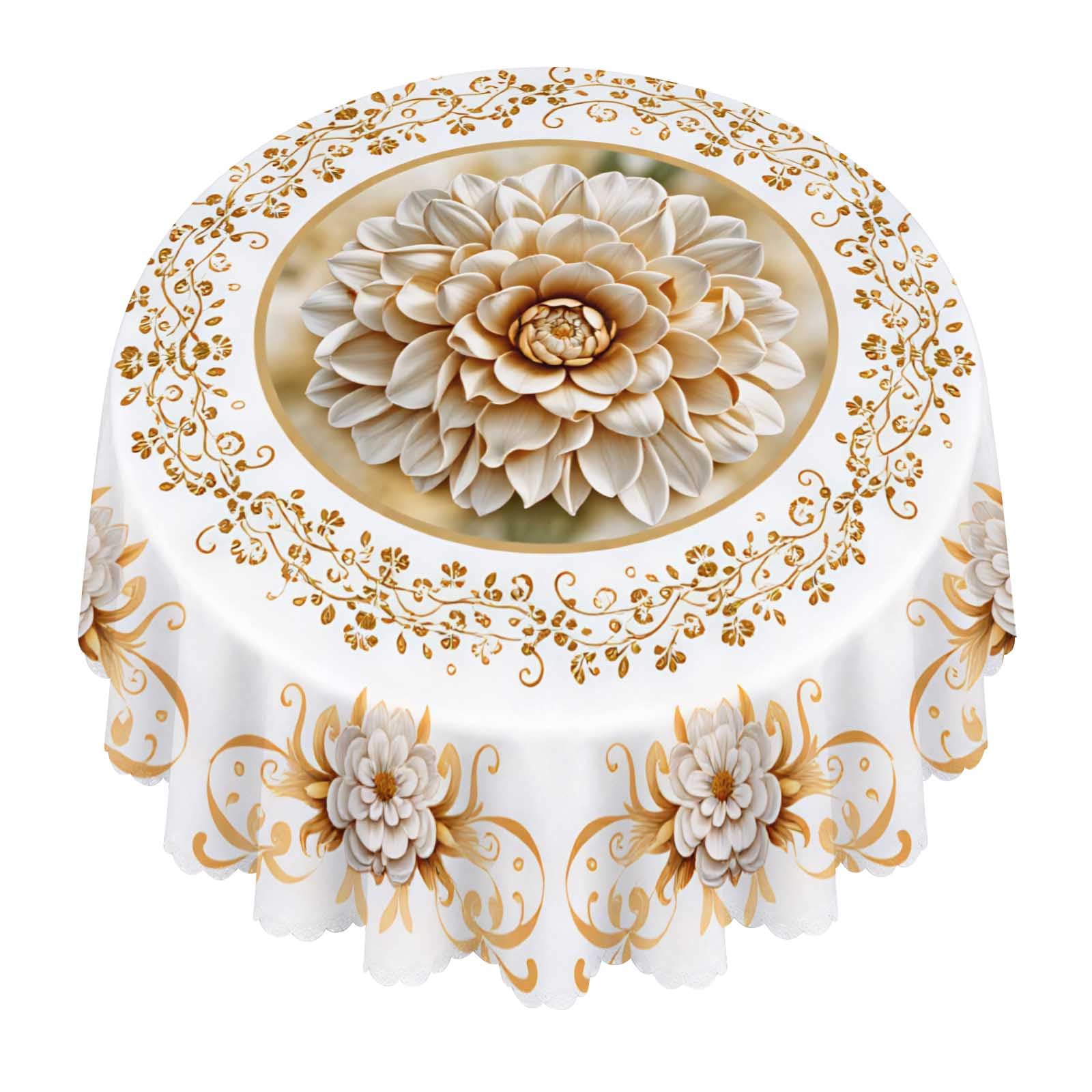 Nicokee Peony Gold Round Tablecloth Waterproof Washable for Dining Party