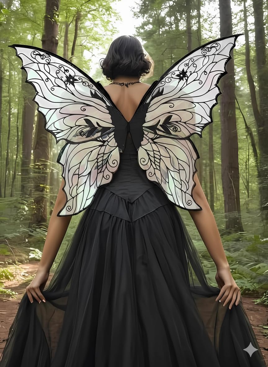 Fairy Wings for Adults, Fairy Costume Set with Floral Garland, Fairy Hair Tinsel, Wand & Elf Ears – 31.5"x21.6" Organza Butterfly Wings – Ideal for Cosplay, Party, Black