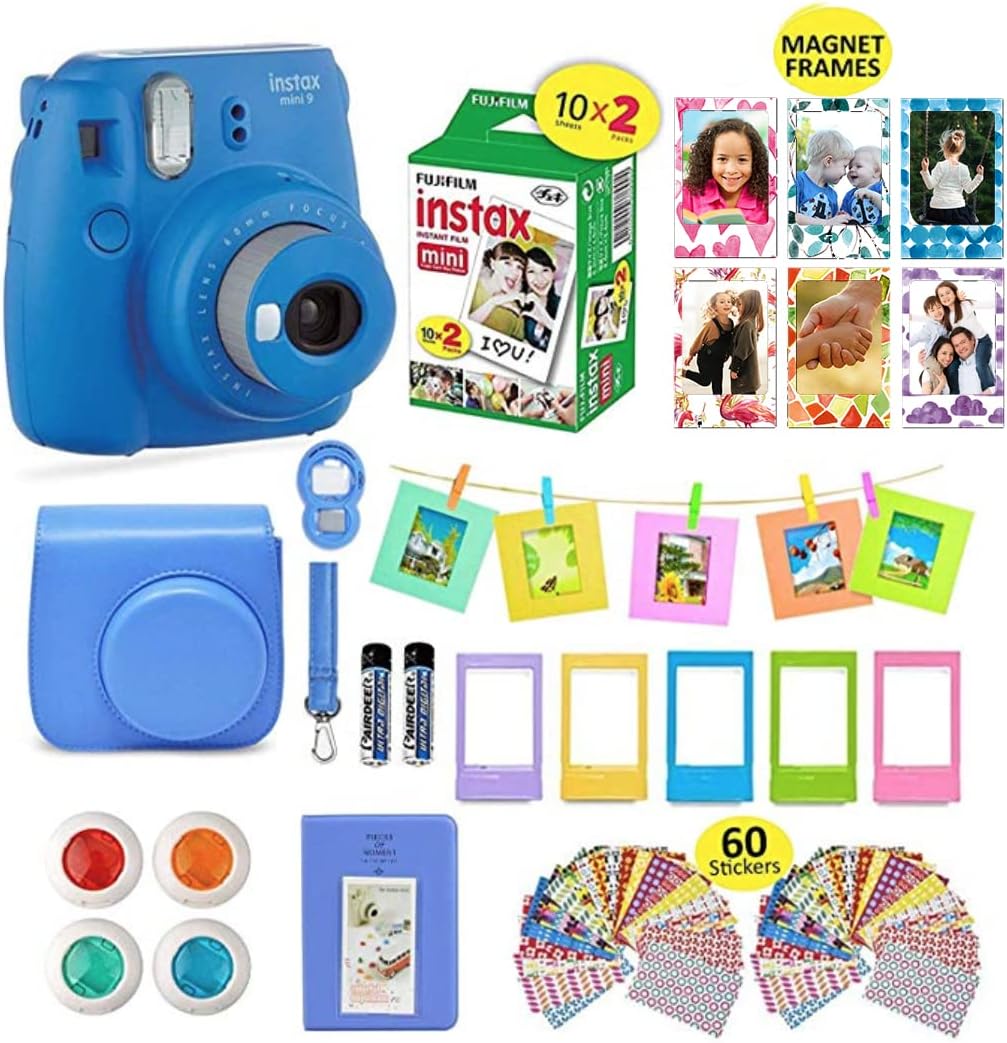 Fujifilm Instax Mini 9 Instant Camera + Shutter Compatible Carrying Case + Fuji Film Value Pack (20 Sheets) + Shutter Accessories Bundle, Color Filters, Photo Album, Assorted Frames (Cobalt Blue)
