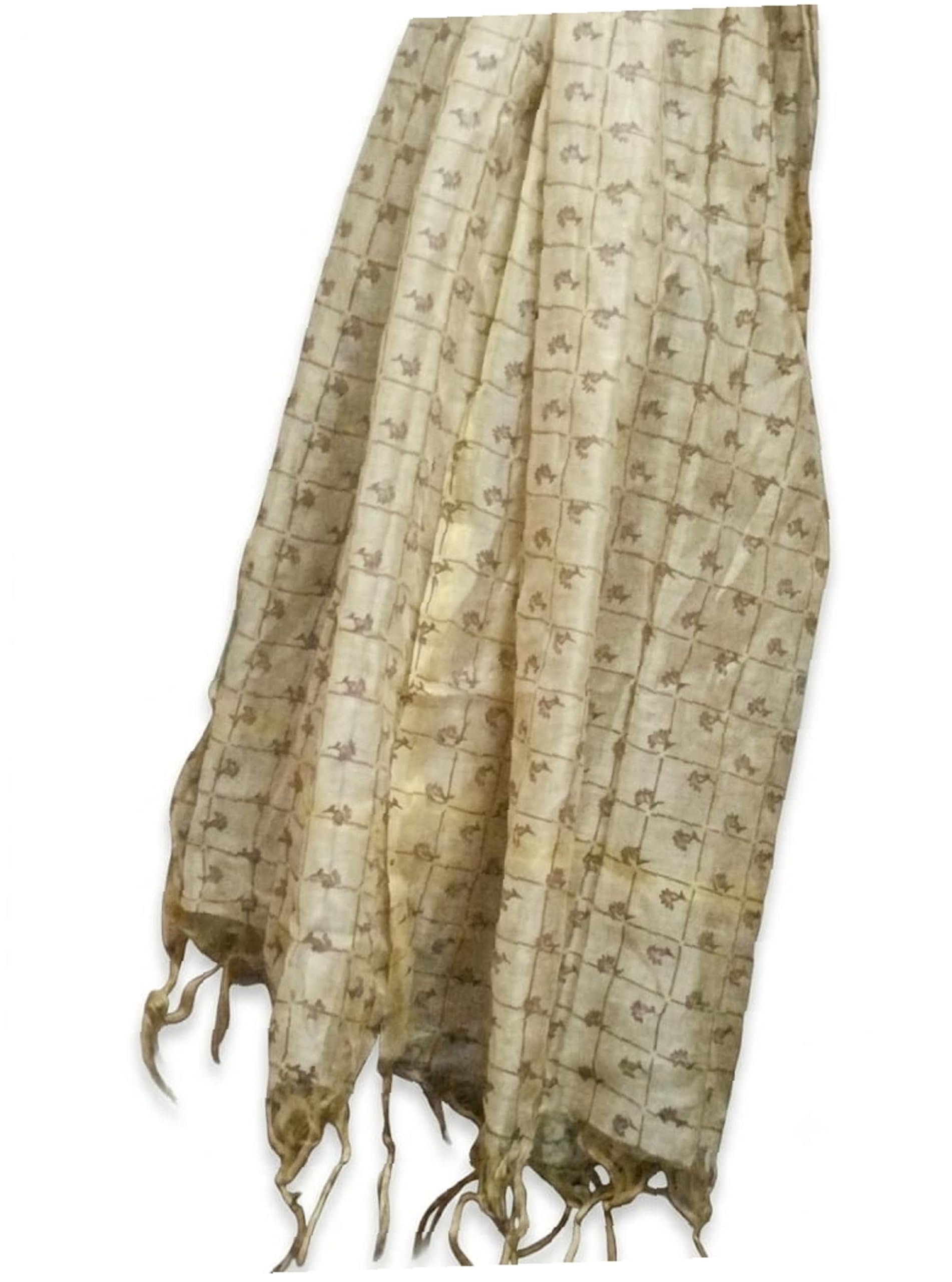 Silk Dupatta with Checkered Floral Print and Tassel Fringe-picture-49