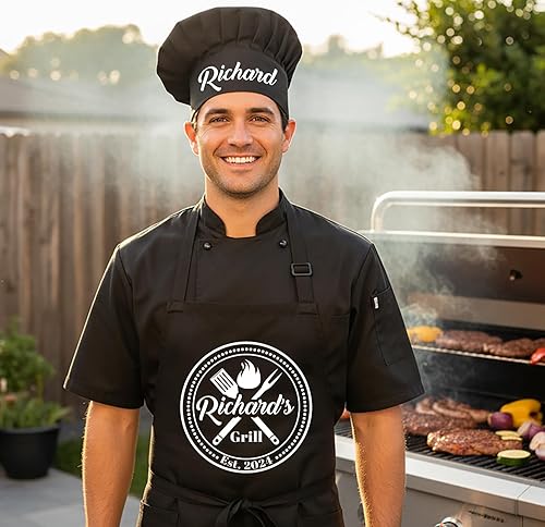 Miniatura 5 de Delantales de chef para hombres con sombrero de chef, regalo personalizado para barbacoa y parrilla para papá, marido, Navidad, cumpleaños, día del