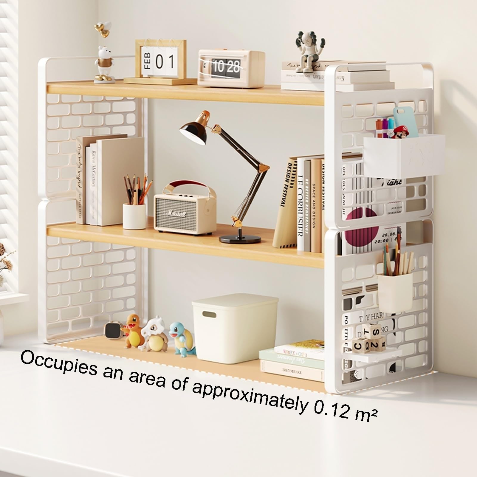 Libreria Da Scrivania In Ferro E Legno - Mensola Espositiva Multiuso Da Banco, Libreria Da Scrivania Con Cestino Appeso, Scaffale Portaoggetti Per Piccoli Spazi(Black,50x20x18 cm)