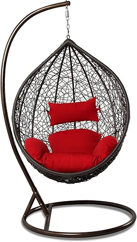 Miniatura 2 de Silla colgante para porche delantero al aire libre con soporte y cojín (mimbre marrón, cojín rojo)