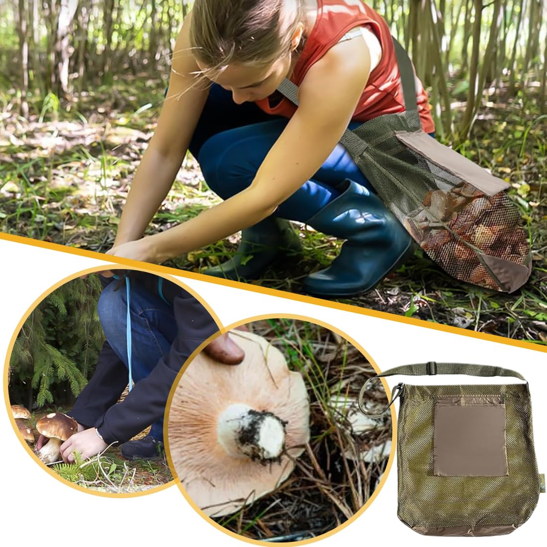Borsa per la raccolta funghi verdi in rete con tracolla regolabile, borsa da picnic