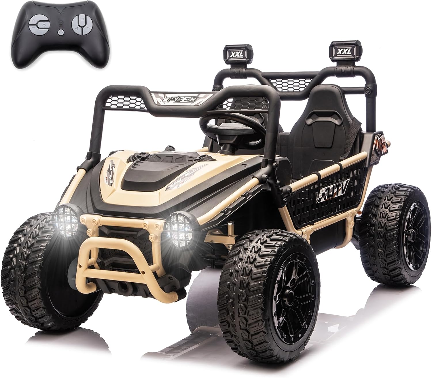 NEWQIDA XXL 24V Ride on Toys for Big Kids UTV, 2 Seater Ride-On Car with Remote Control 4WD 4-Wheeler Shock Suspensions, 22" Spacious Seat, Up to 5MPH, EVA Rubber Tires, Bluetooth, Music, Quicksand