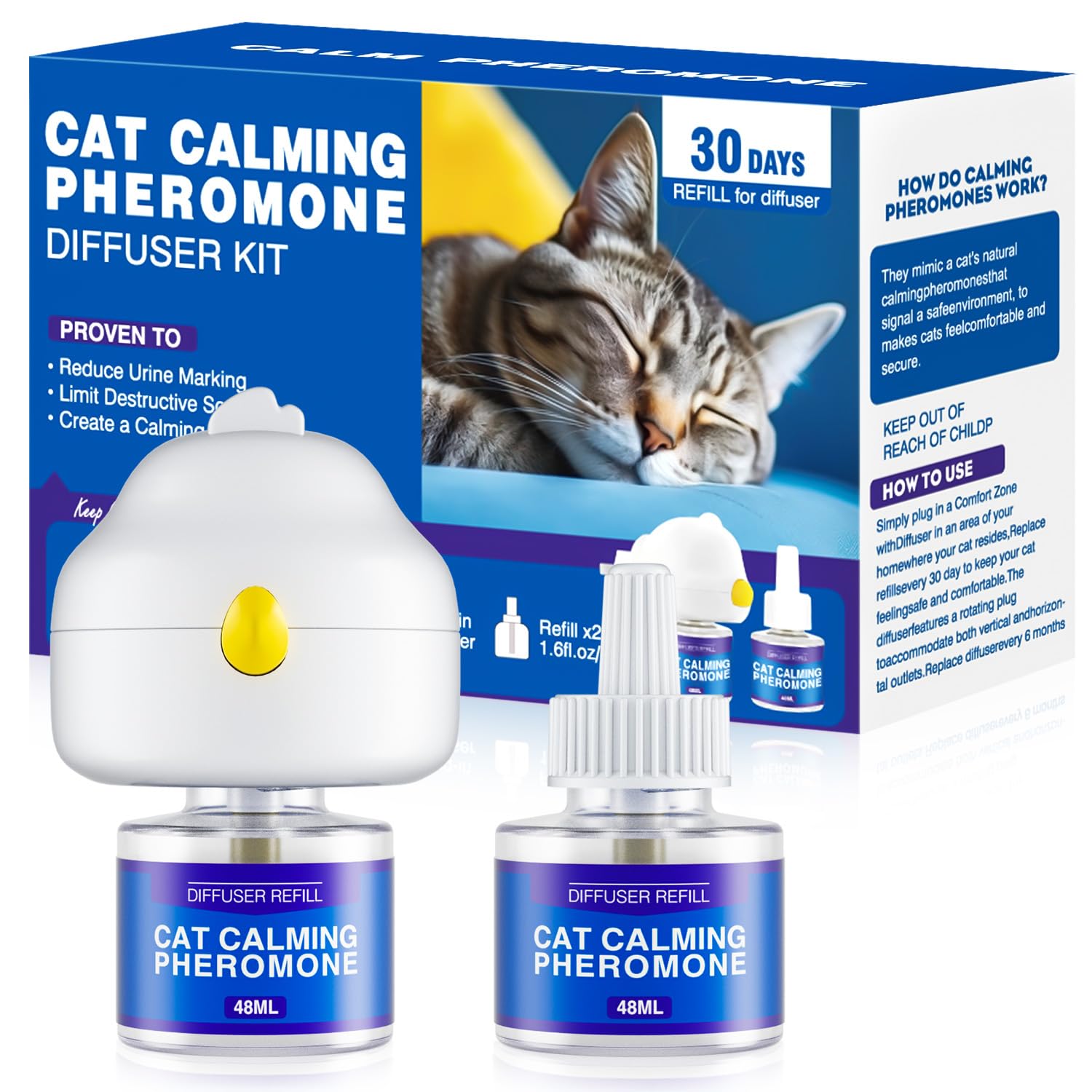 Ultimate 3-in-1 Cat Calming Diffuser with Pheromones - 30-Day Lasting Protection,Plug in, 2x48ml Refills. Perfect for Easing Anxiety from Environmental Changes, Travel, and Stress