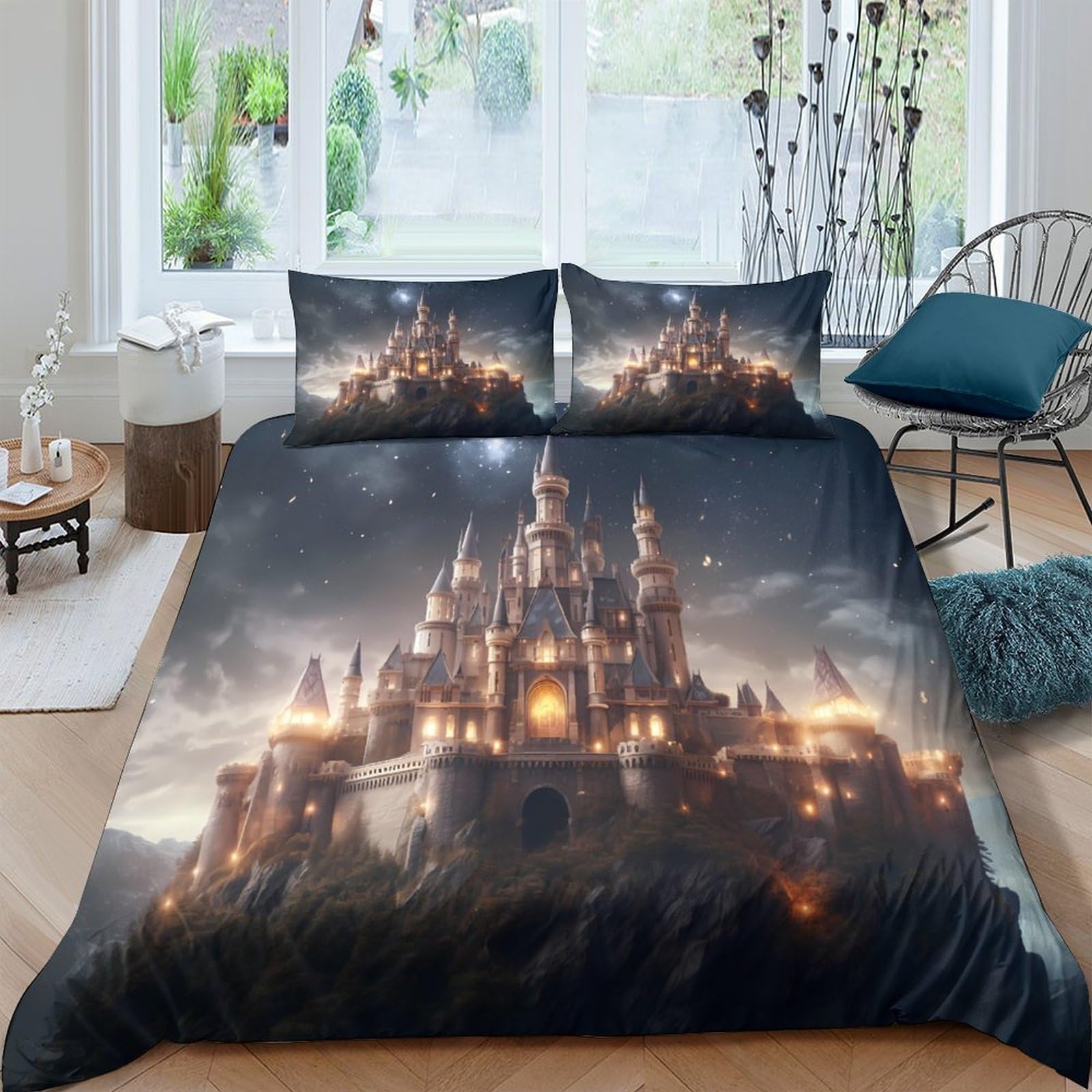 Ctjqhvkz Style-2 3D Printed Castle Night Fitted Sheet Microfiber Soft Bedroom Decor Fantasy Palace Mattress Cover For Home Dorm Single（135X200cm）