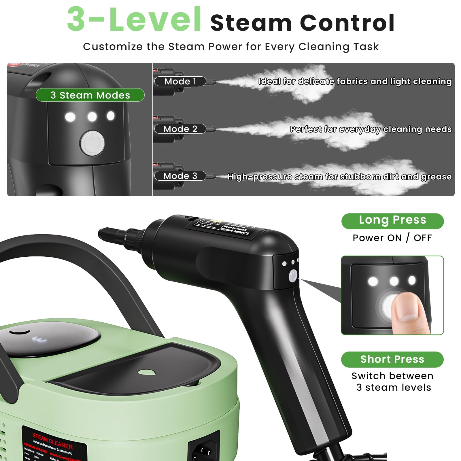 Dampfreiniger für Zuhause, 2500 W leistungsstark, 1600 ml große Kapazität, elektrisch (Grreen, 1600 ml)