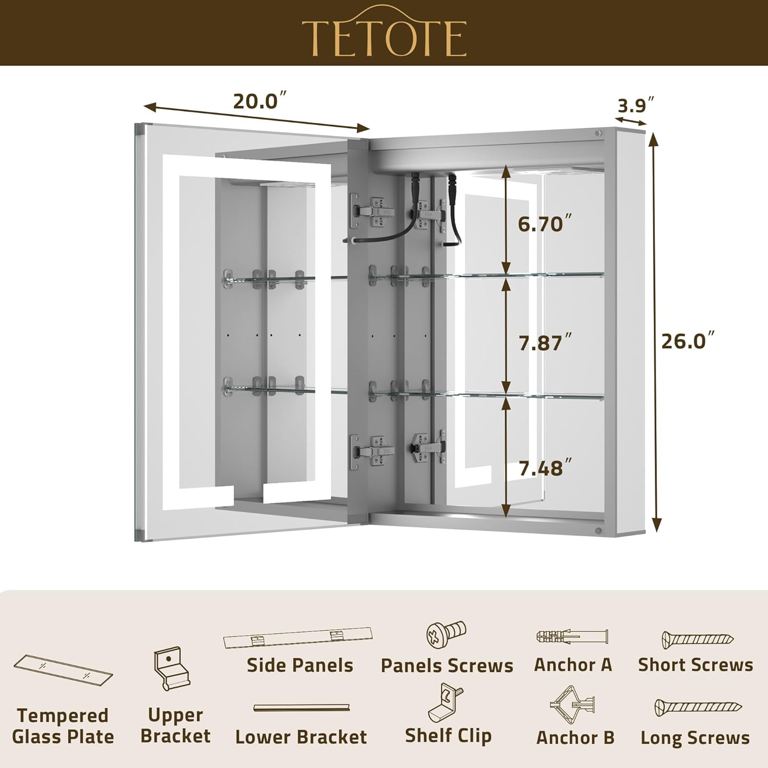 tetote led lighted medicine cabinet mirror for bathroom 20 x 26 tempered glass recessed or wall mounted cabinet with storage & outlets & usb, 3-color dimming led lights, defogger, adjustable shelve 20x26