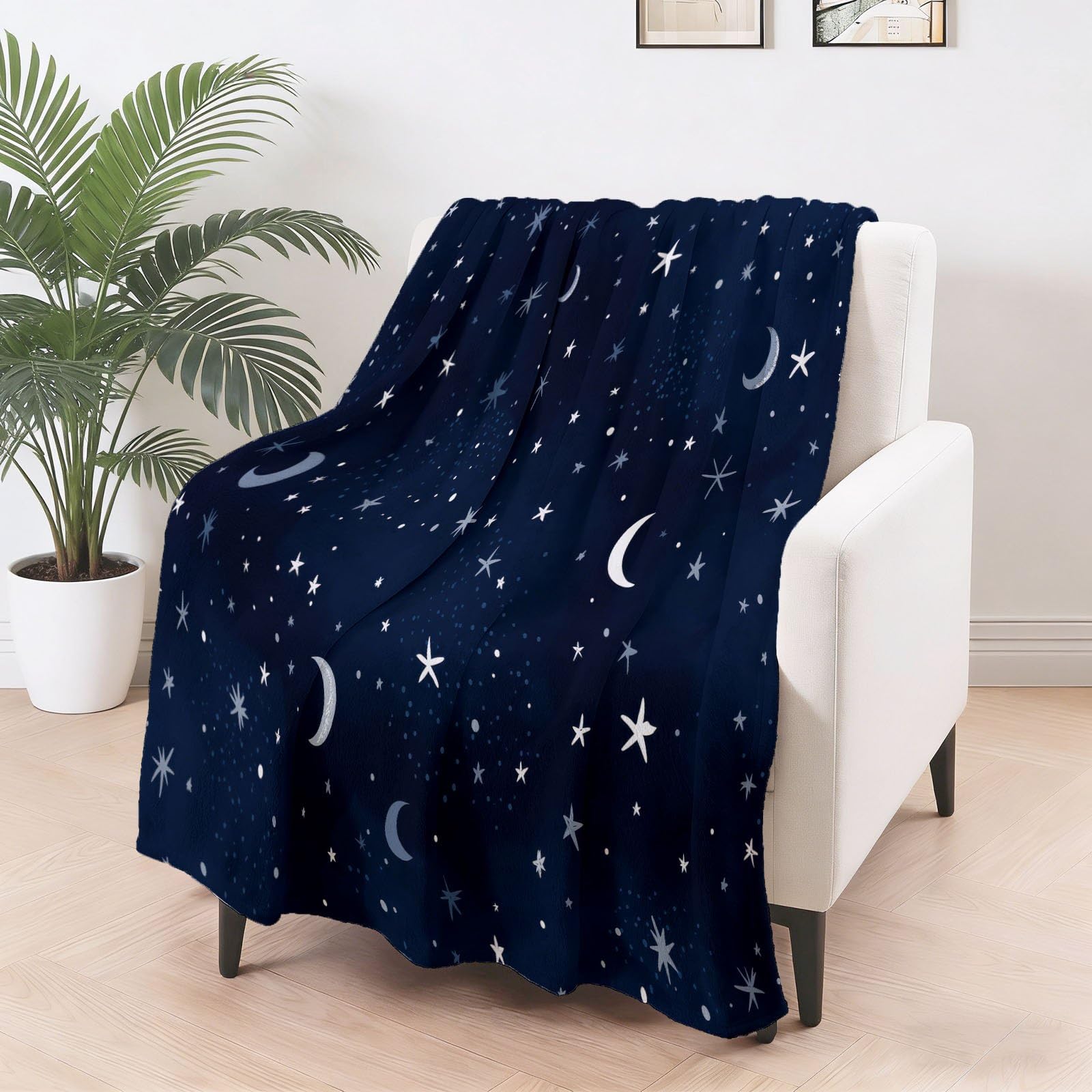 Modern Fantasy Kuscheldecke Sterne Mond Weltraum Decke Tagesdecke Wohndecke Marineblau, Couchdecke Weich Warm Flauschig, Sofa Decke für Reisen Zelten Outdoor, 150 x 200 cm