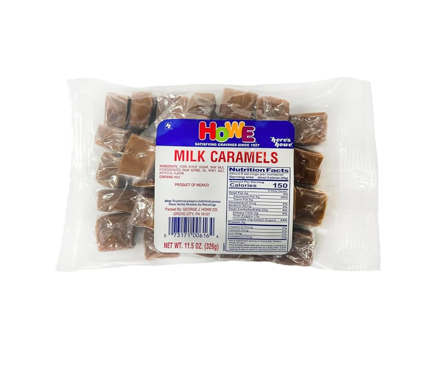 Howe Milk Caramels, Caramel Candy 11.5 oz Bag, Case of 12