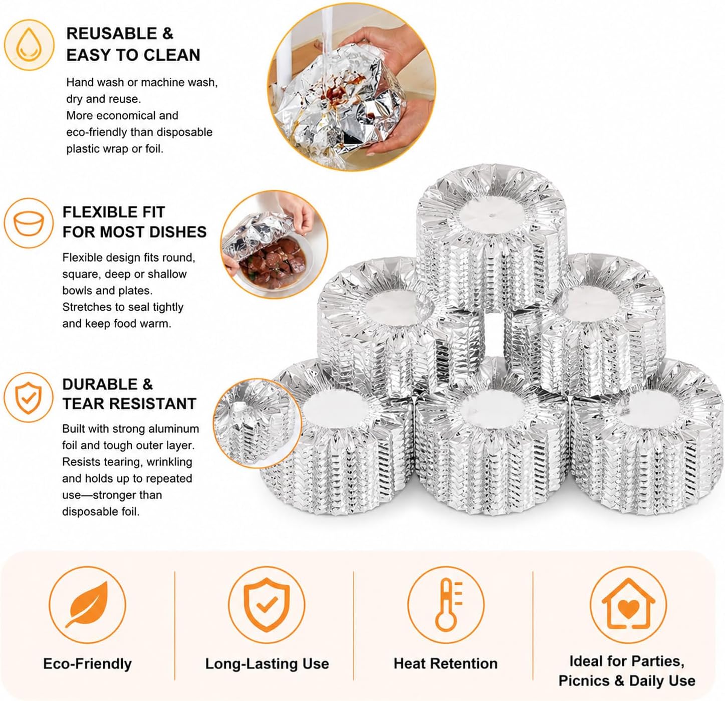 50 Pack Reusable Aluminum Foil Food Covers, Elastic Foil Bowl Covers for Bowls Plates Containers, Insulated Food Lids for Leftovers, Meal Prep, Parties, Picnic and Kitchen Storage (50)