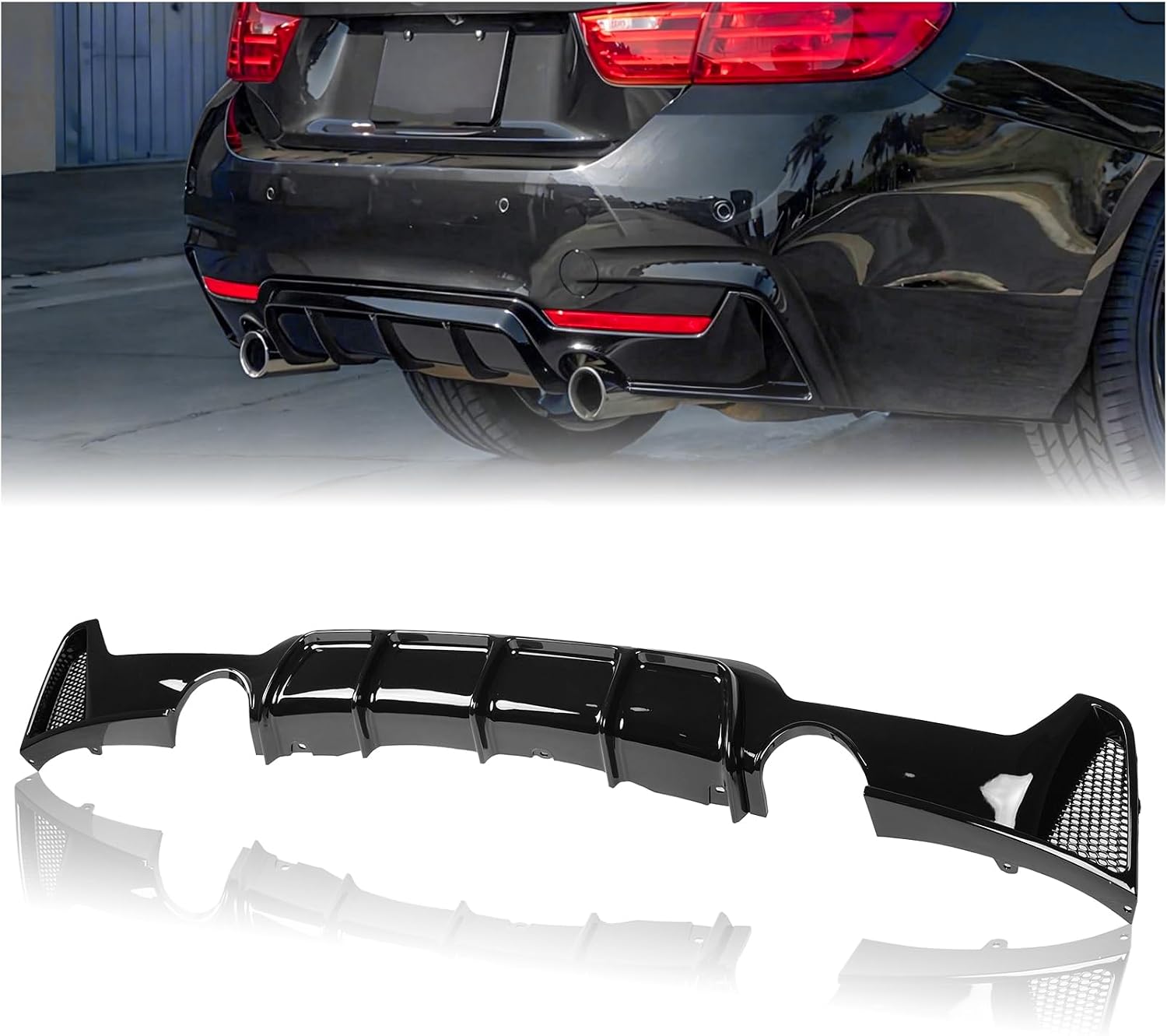 Rear Diffuser Compatible with 2014-2020 BMW 4 Series F32 F33 F36 M-Performance Style, Gloss Black Rear Bumper Lower Lip Splitter Double Exhaust One Outlet