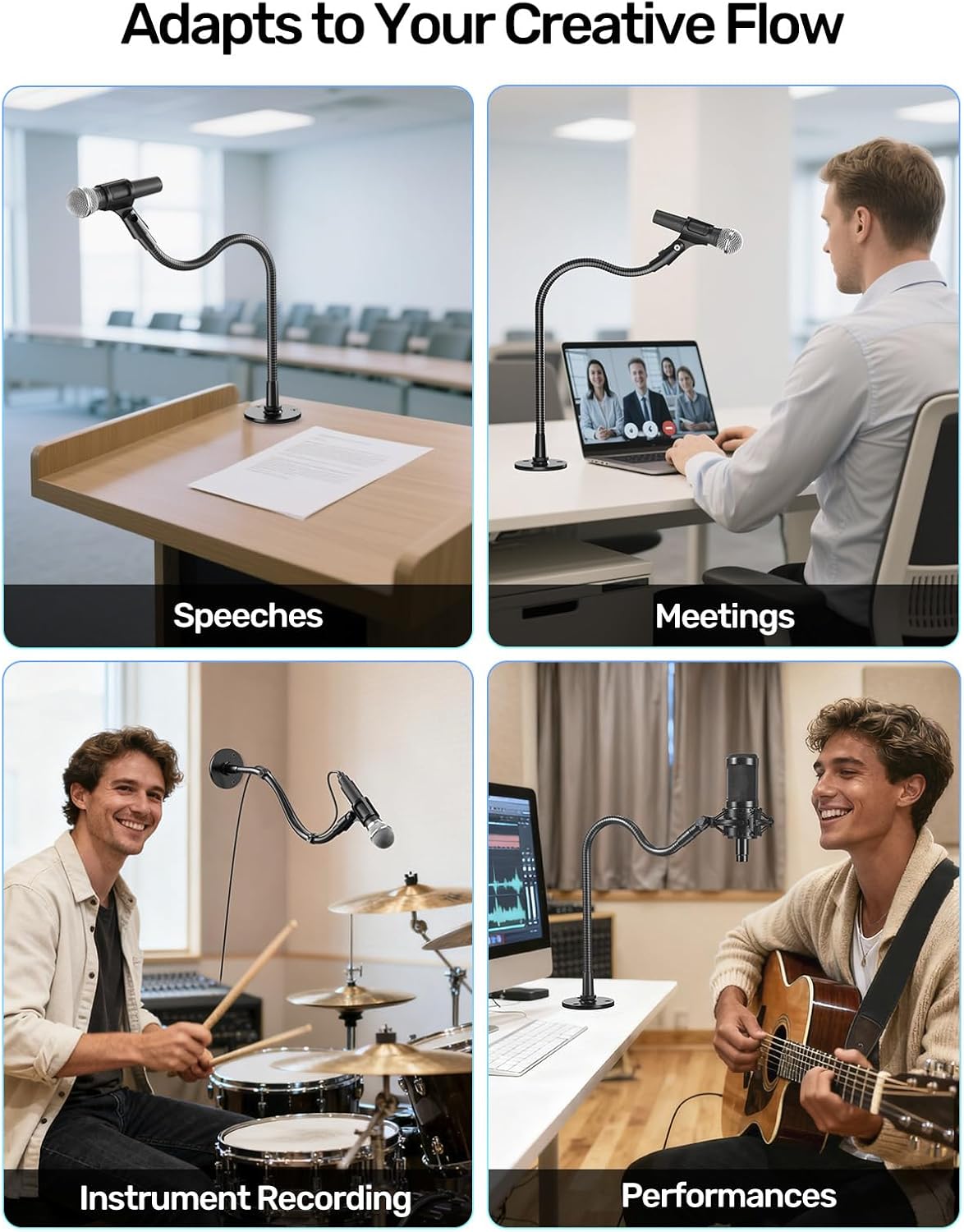 Gooseneck Mic Stand -19" Podium Microphone Holder, Heavy Duty Adjustable Desk/Wall Mount Flexible Arm with Flange Mount, Compatible with Dynamic Mics for Podcast, Studio, Lecture, Gaming, Streaming