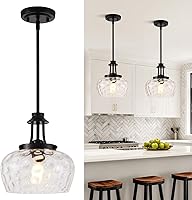 Matte Black Pendant Light Kitchen Island - 10" Clear Hammered Glass Shade, Adjustable 15-56" Height, Industrial Hanging Fixture