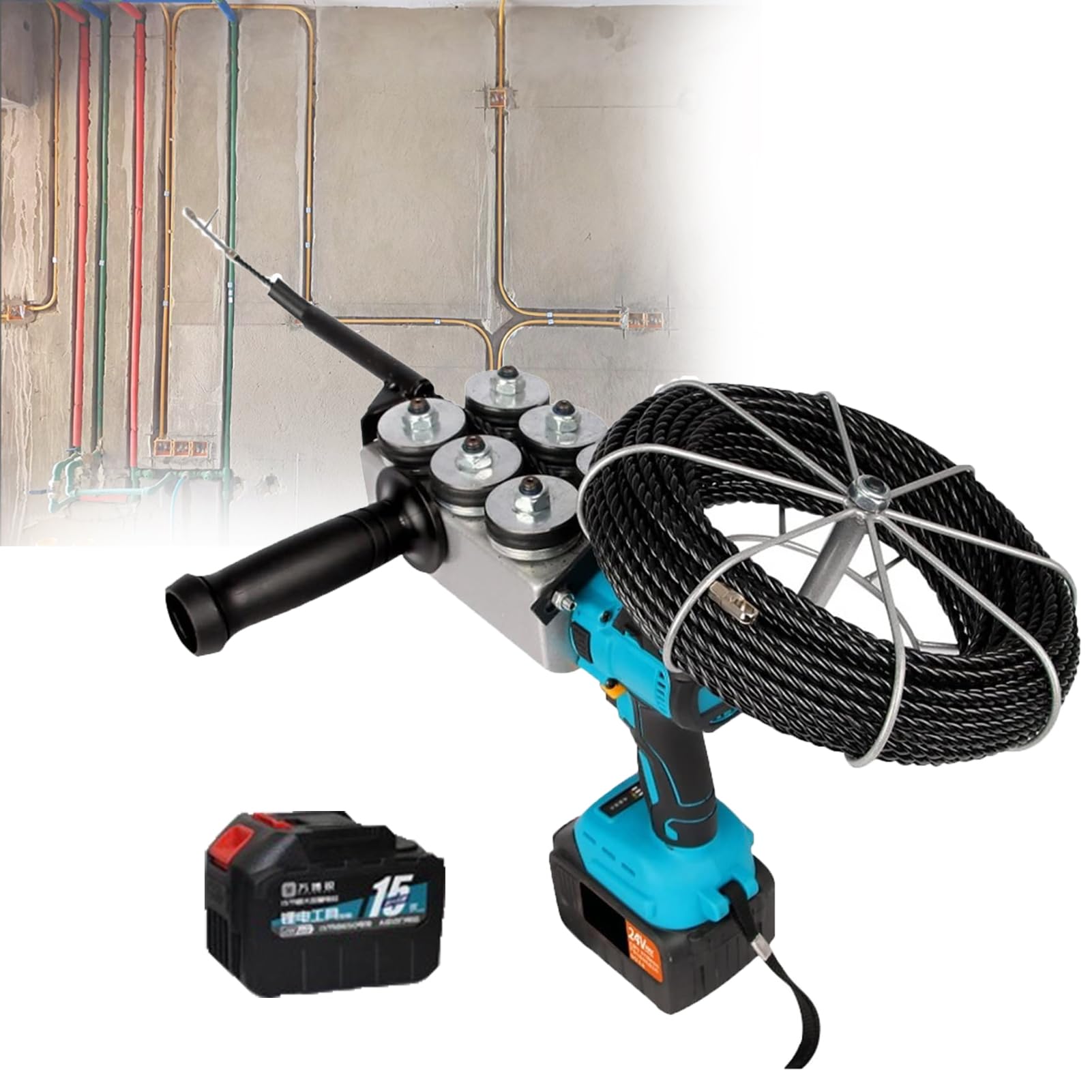 Herramienta de tracción de cables eléctricos, enhebrador automático, inalámbrico, velocidad de 40 m/min, cable de plomo de 30 m, 6 ruedas para cableado interior y exterior