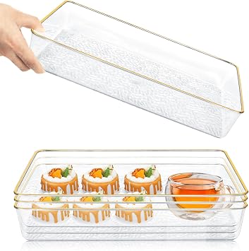 Serving Tray, 4 Pack Clear Plastic Tray Plastic Serving Trays, Decorative Tray Clear Dishes for Coffee Table Pantry Party Food Display Spill Proof 12" L x 8" W x 1.97" H