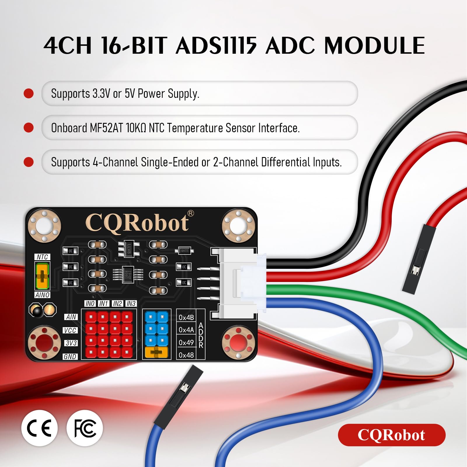CQRobot ADS1115 16-bitowy, 4-kanałowy moduł konwertera ADS1115, z programowalnym wzmocnieniem, adresem I2C i pomiarem temperatury, kompatybilny z Arduino i Raspberry Pi, podwójnym napięciem 3,3 V/5 V.