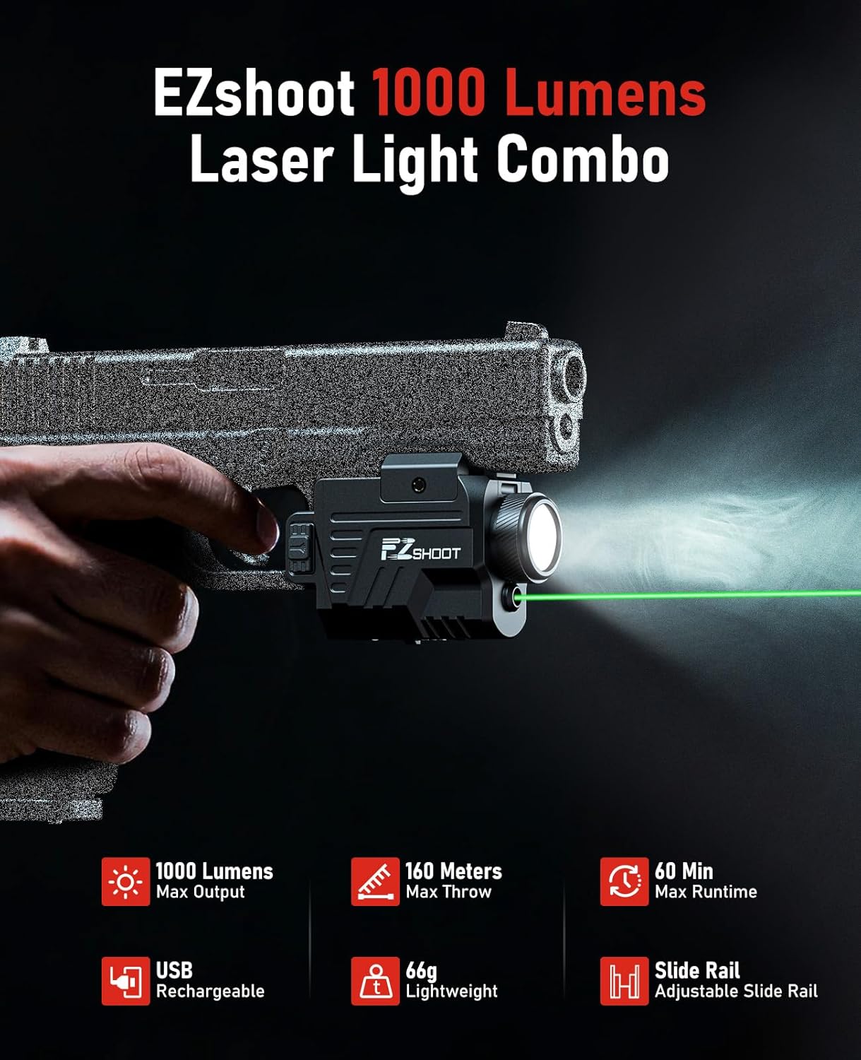 EZshoot 1000 Lumens Pistol Laser Light Combo - Rechargeable Gun Light with Slide Rail Compatible with Glock and Picatinny Rail, Pistol Flashlight with Green Laser Beam for Home Defense