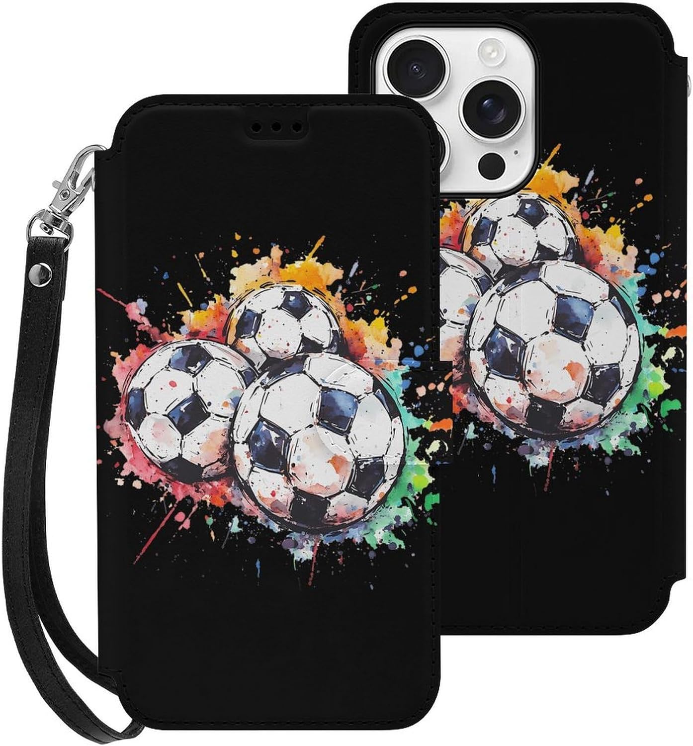 Three Soccer Balls Footballs Compatible with iPhone 16/16 Plus/16 Pro/16 Pro Max/16 E Case Phone Wallet Card Holder Flip Cover with Wrist Strap