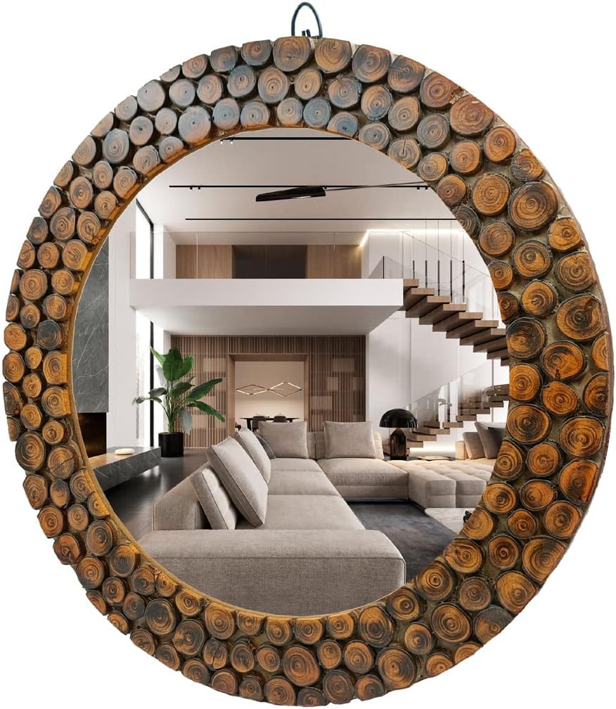 - M H TRADING Homedeco Handmade Wooden Antique Frame Round Wall-Mounted Mirror, Mirror for Bathroom, Living Room, Wall Basin, Study Room, Office, Brown