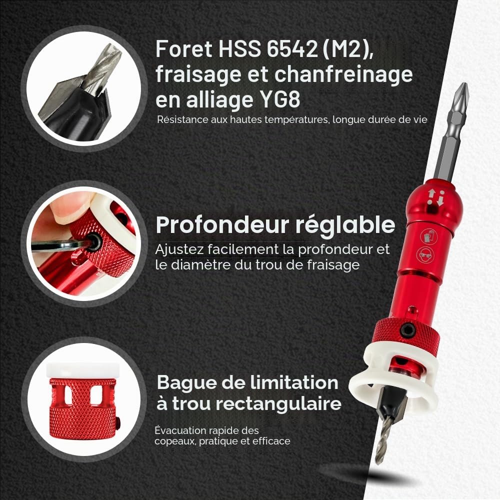 FOCSTOL Foret avec Fraisoir Contre-alésage - 5 Pièces 3,2/3,6/4/4,4/4,8mm Jeu de Foret à Fraise Bois de Profondeur Réglable à 82 Degrés avec Queue Hexagonale 6,35mm pour Bois Plastique